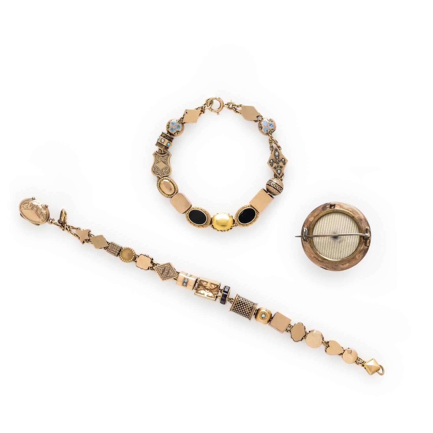 Two Low Karat Yellow Gold Slide Bracelets and a Mourning Brooch