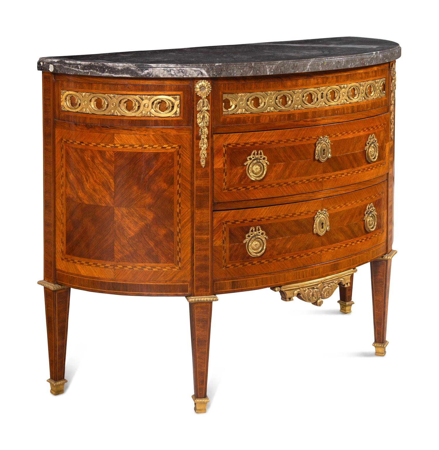 A Louis XVI Gilt Bronze Mounted Parquetry Marble-Top Commode