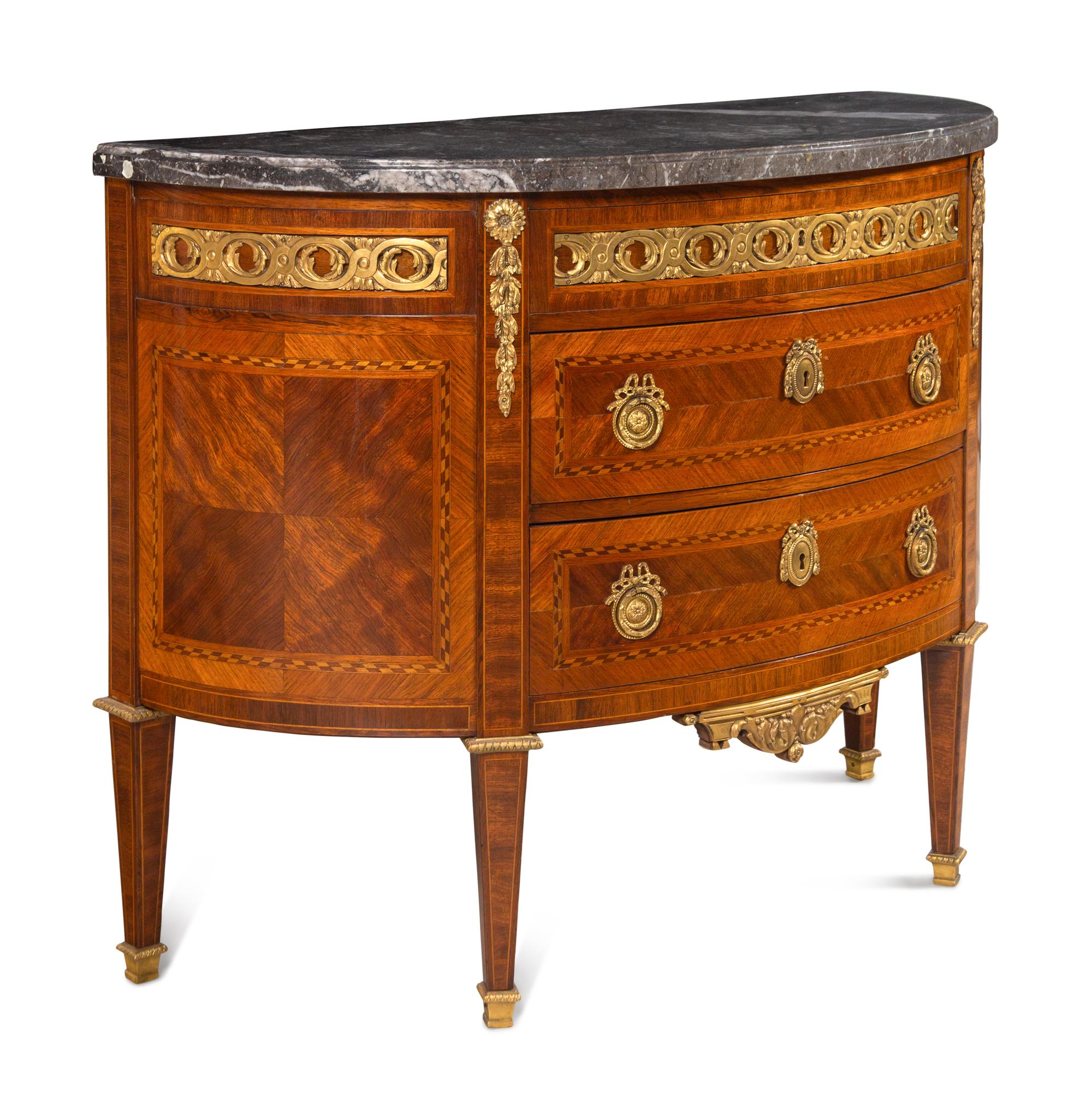 A Louis XVI Gilt Bronze Mounted Parquetry Marble-Top Commode
