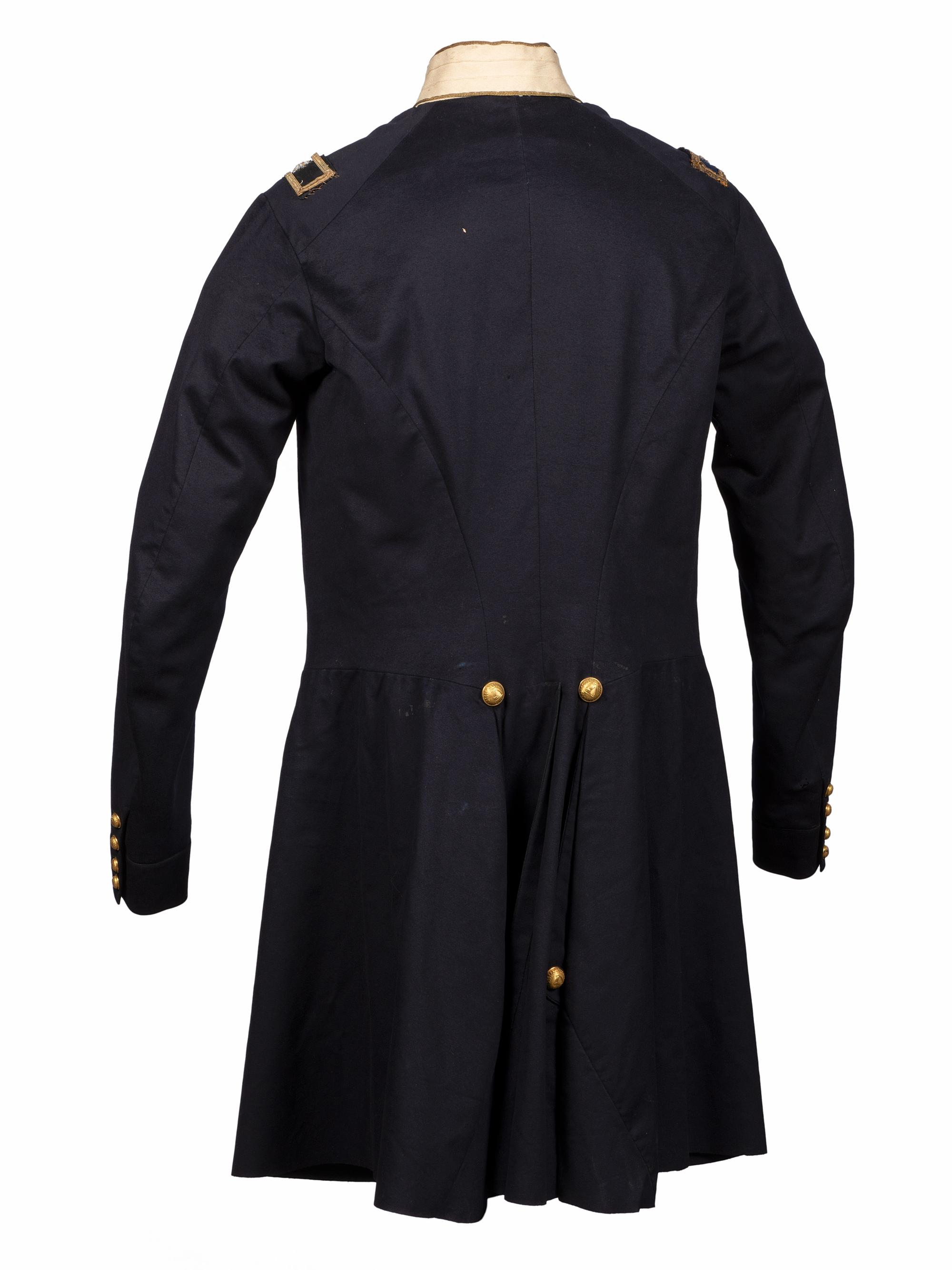 [MILITIA]. Frock coat and Model 1851 shako with original box identified to Massachusetts Militia Brigadier General Eliab Ward.