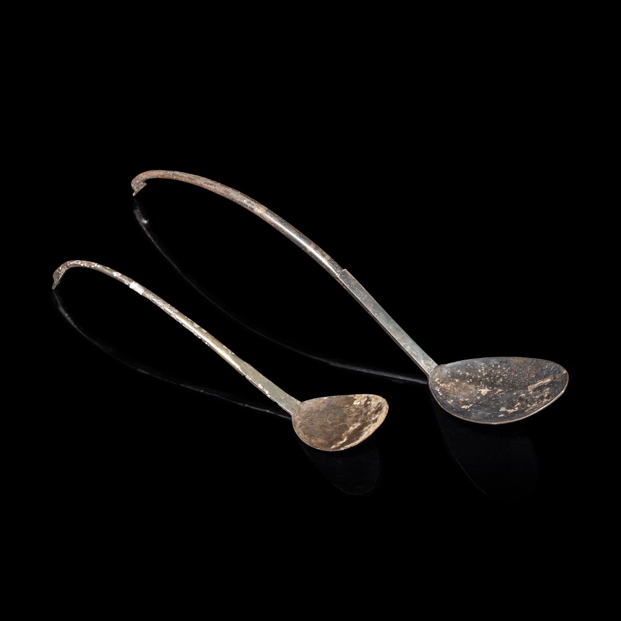 Two Chinese Silver 'Goose' Tea Spoons, Ze , Tang Dynasty 唐 雁首柄銀茶則兩件