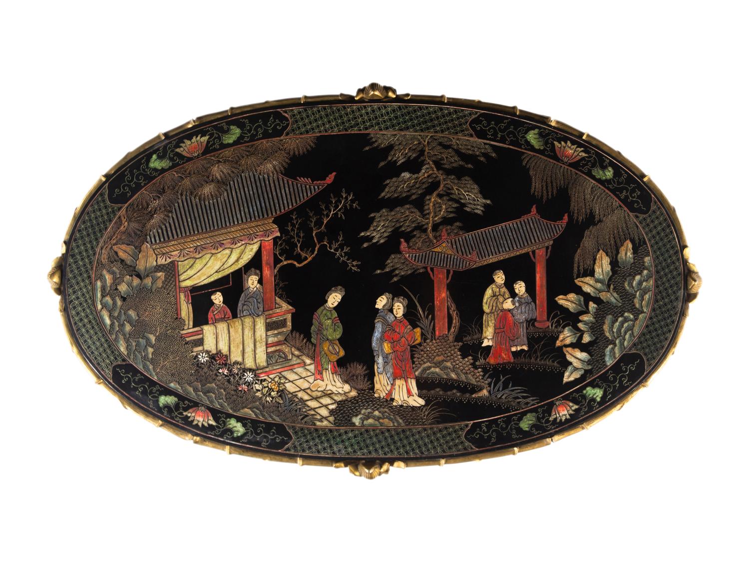 A Maison Baguès Faux Bamboo Gilt Bronze and Chinese Lacquer Low Table