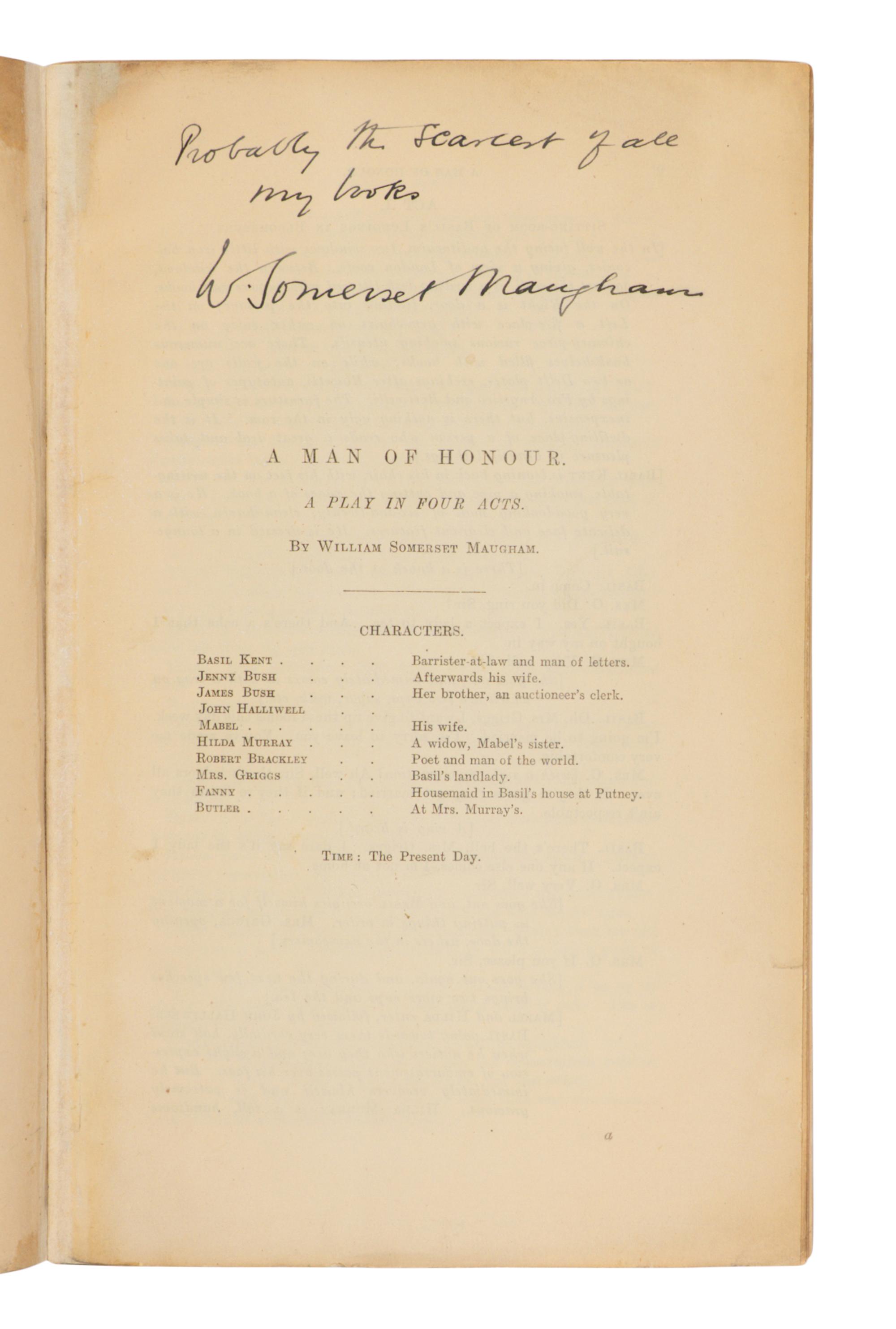 MAUGHAM, W. Somerset (1874-1965). A Man of Honour. A Play in Four Acts . London: Chapman and Hall, 1903.