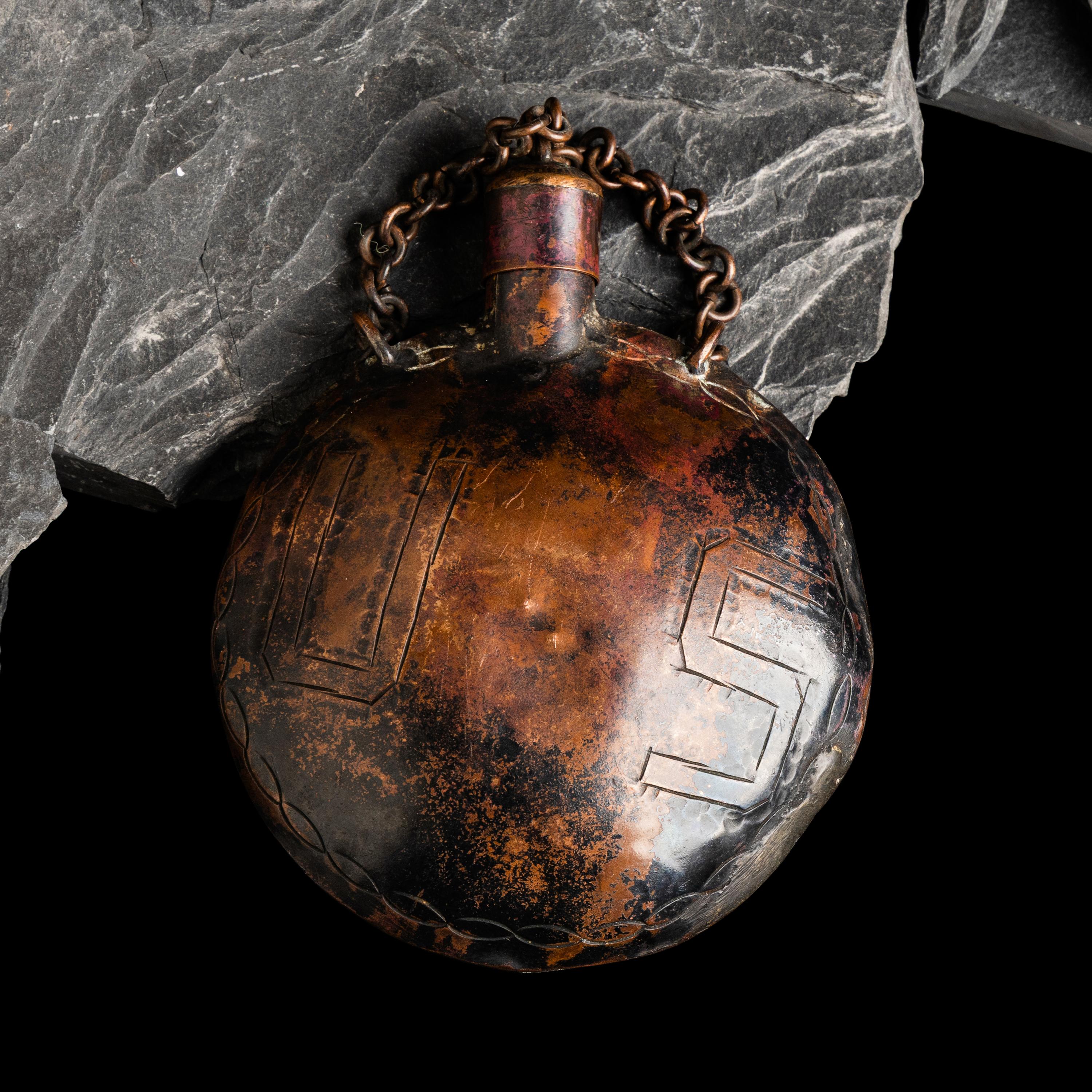 Navajo or Pueblo Copper Canteen, with Engraved Rattlesnakes