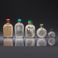 Five Chinese Interior-Decorated Glass Snuff Bottles 玻璃内畫鼻烟壺五支