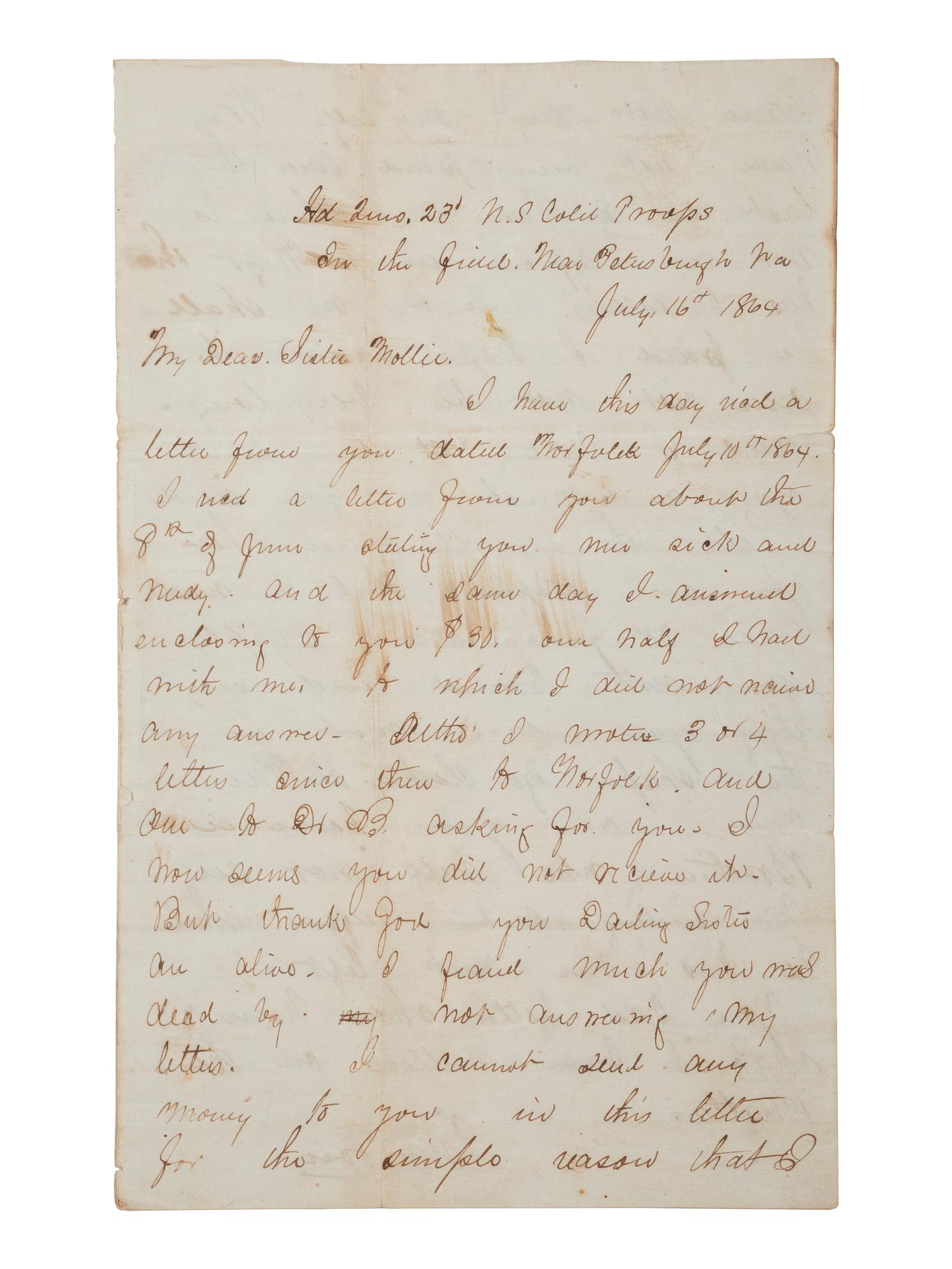 [CIVIL WAR]. Letter from Adjutant M. Herbert Wood, 23rd USCT, to his sister Mollie concerning her deserter husband.