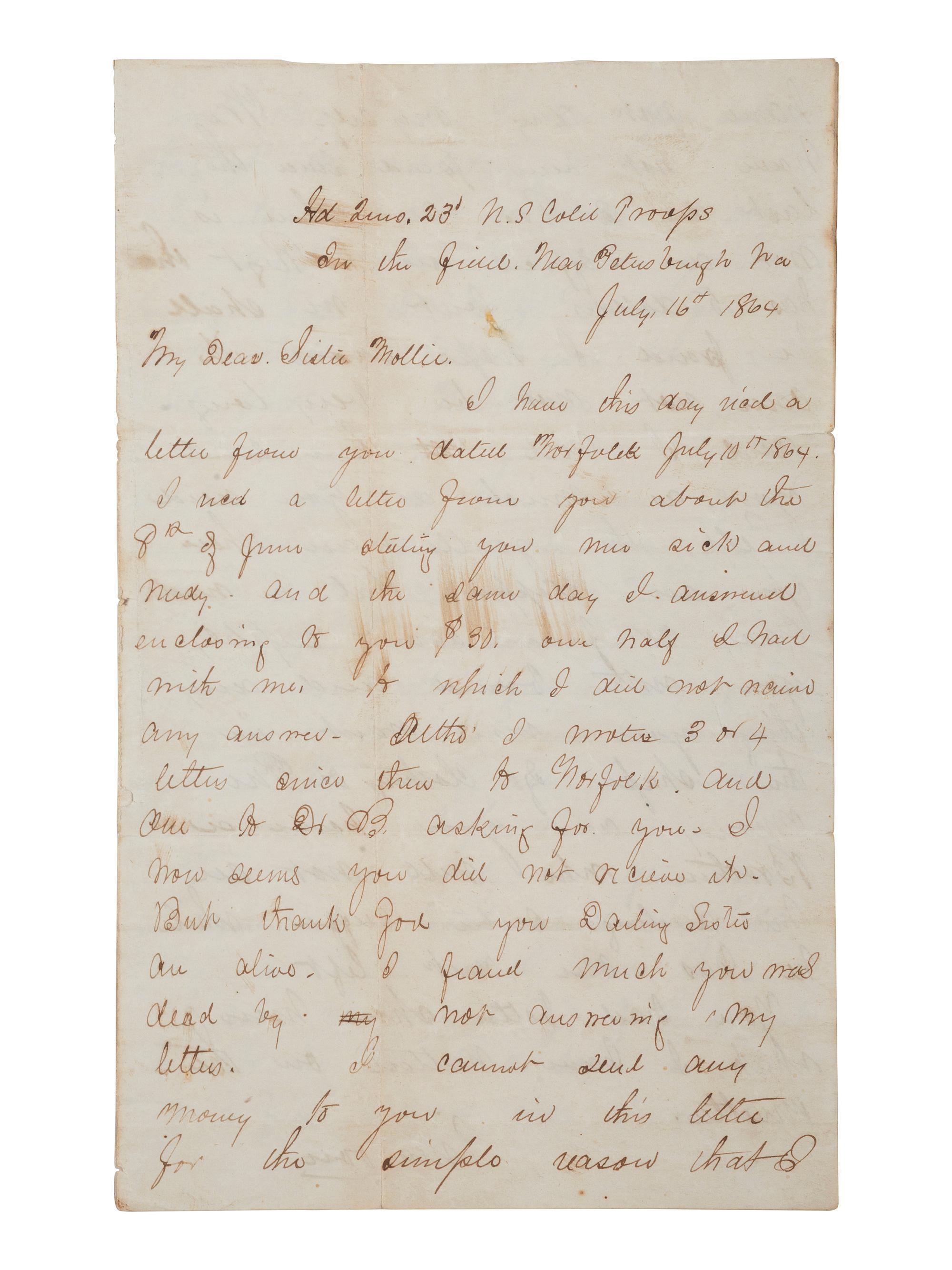 [CIVIL WAR]. Letter from Adjutant M. Herbert Wood, 23rd USCT, to his sister Mollie concerning her deserter husband.