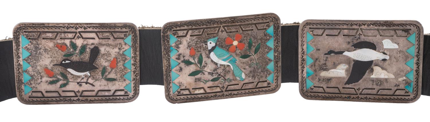 Silver and Mosaic Inlay Concha Belt, with Multiple Bird Species Lot is located and will ship from Denver, Colorado.