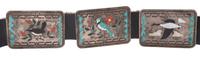 Silver and Mosaic Inlay Concha Belt, with Multiple Bird Species Lot is located and will ship from Denver, Colorado.