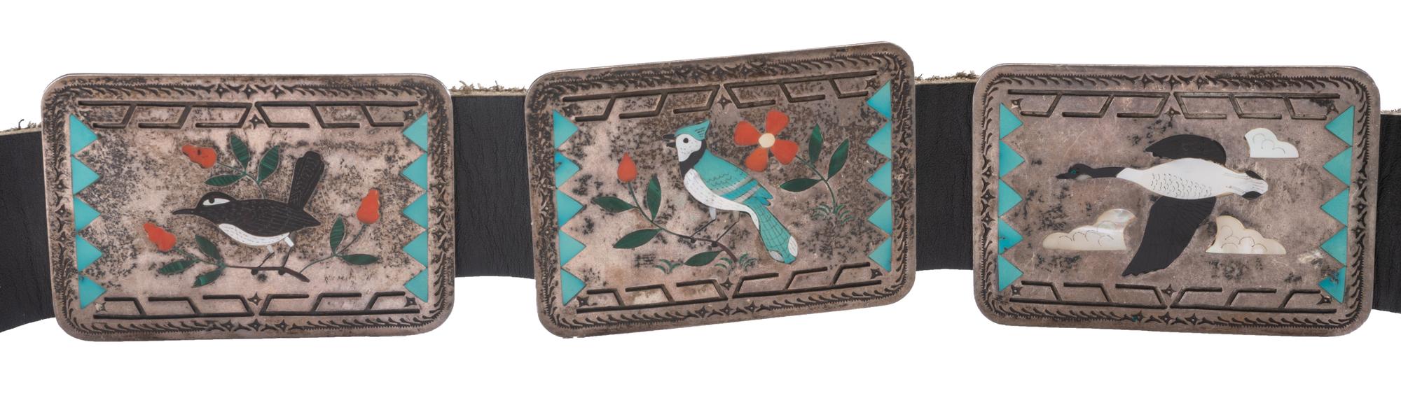 Silver and Mosaic Inlay Concha Belt, with Multiple Bird Species Lot is located and will ship from Denver, Colorado.