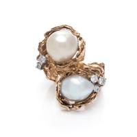 A Modernist 18 Karat Yellow Gold, Cultured Baroque Pearl and Diamond Bypass Ring, Gilbert Albert,