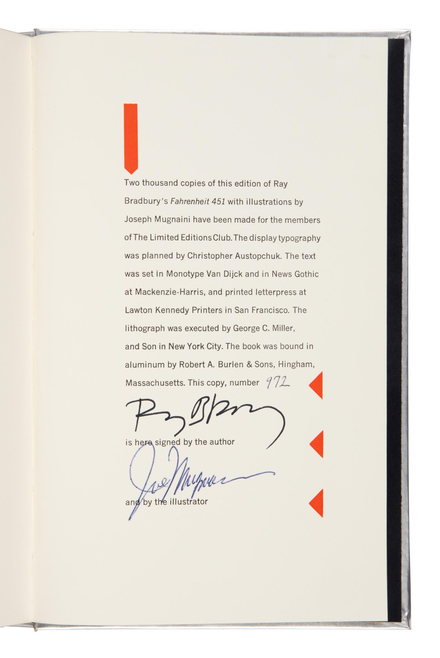 Bradbury, Ray (1920-2012). Fahrenheit 451 . New York: The Limited Editions Club, 1982.