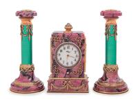 A Carved Hardstone, Enamel, 14-Karat Gold and Hardstone Mounted Three-Piece Clock Garniture