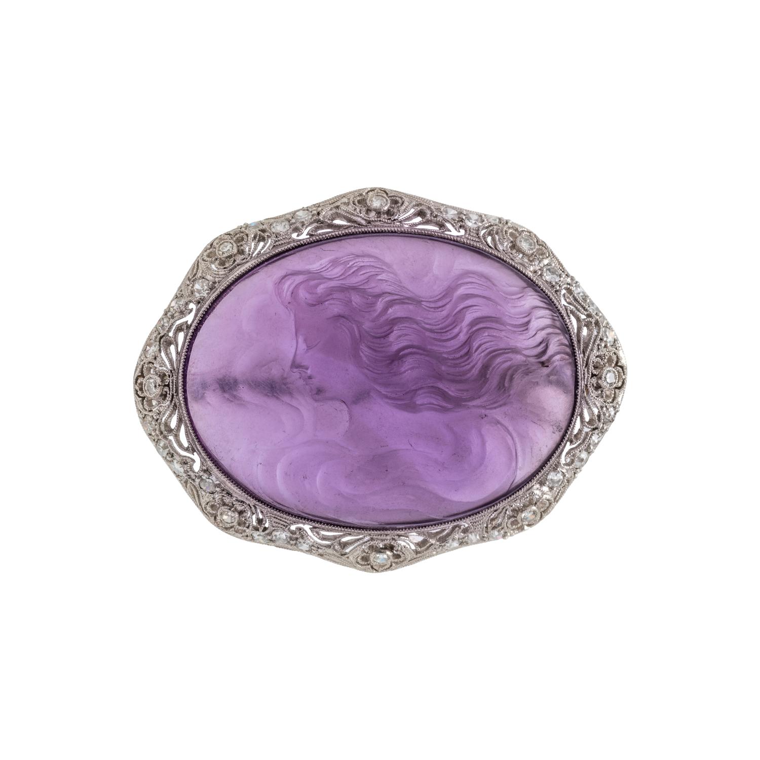 GLASS CAMEO AND DIAMOND BROOCH