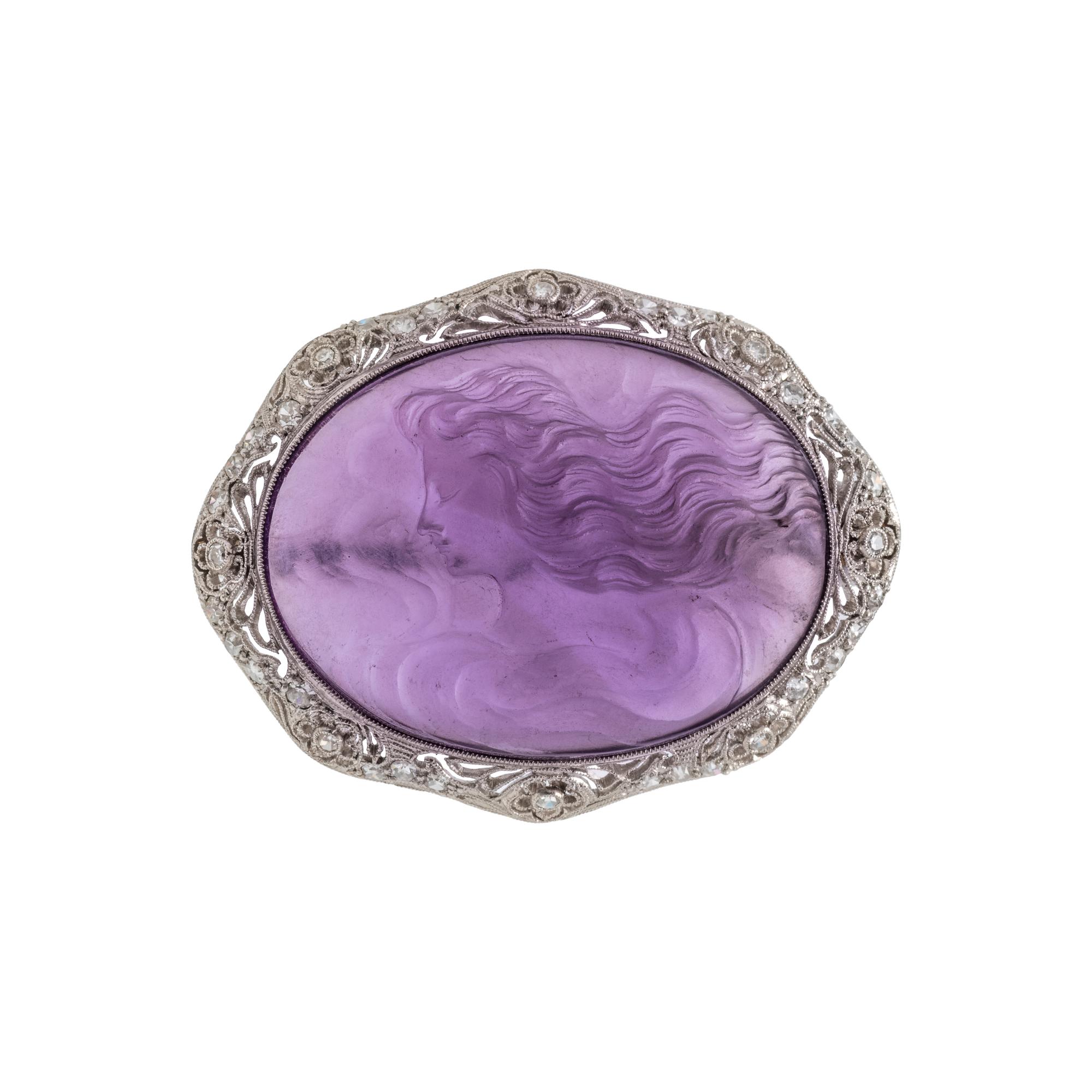 GLASS CAMEO AND DIAMOND BROOCH