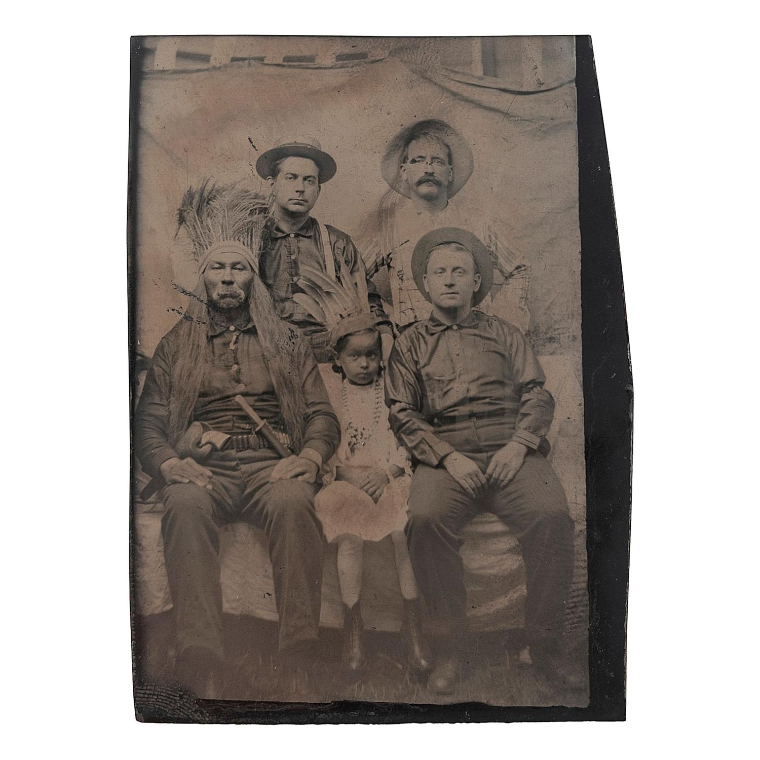 [WESTERN AMERICANA]. Tintype of western performers, incl. possible Native American subjects. N.p.: N.p., n.d.