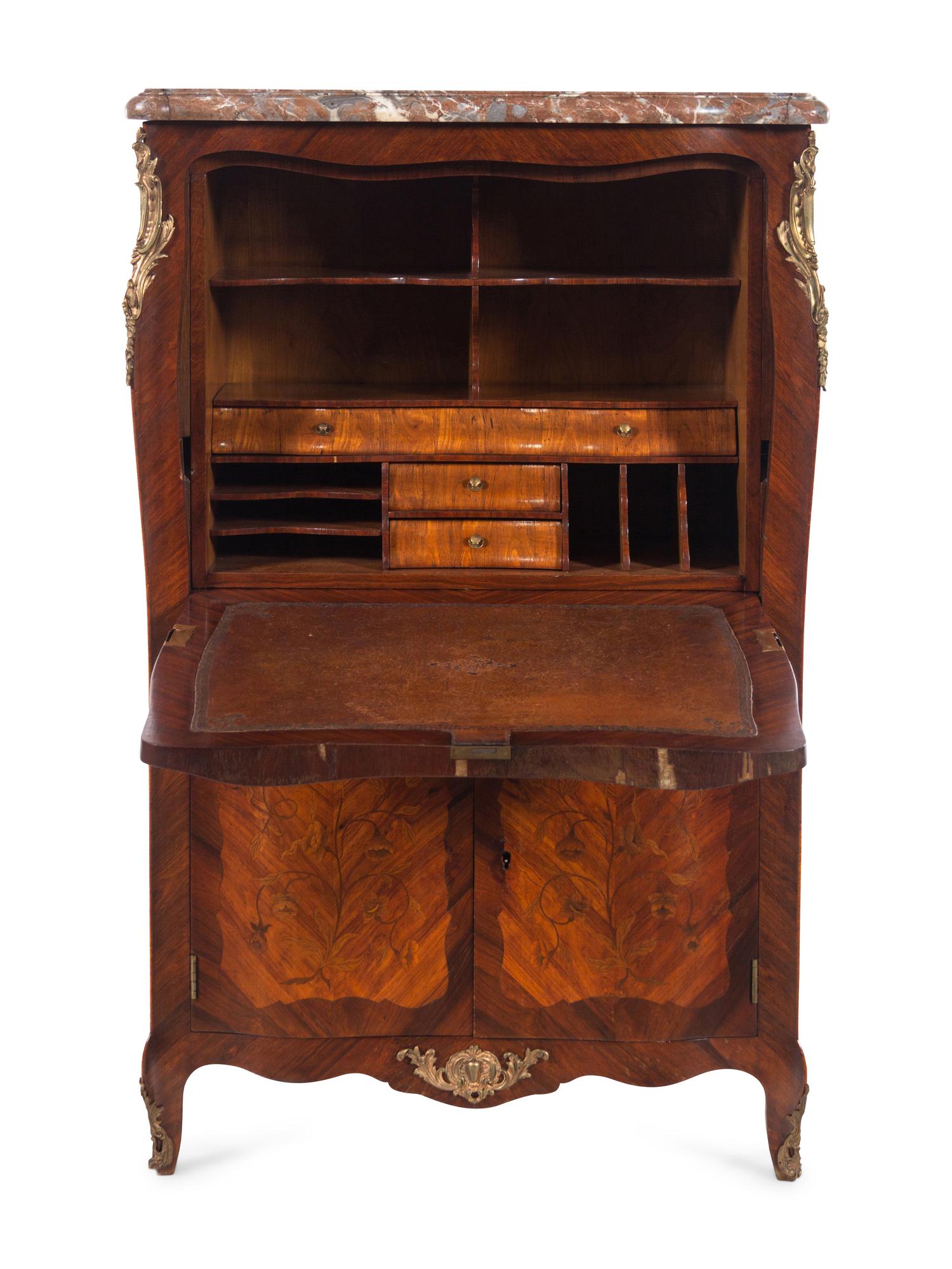 A Louis XV Style Gilt Bronze Mounted Marquetry Marble-Top Secrétaire à Abattant in the Manner of Jean-Pierre Latz
