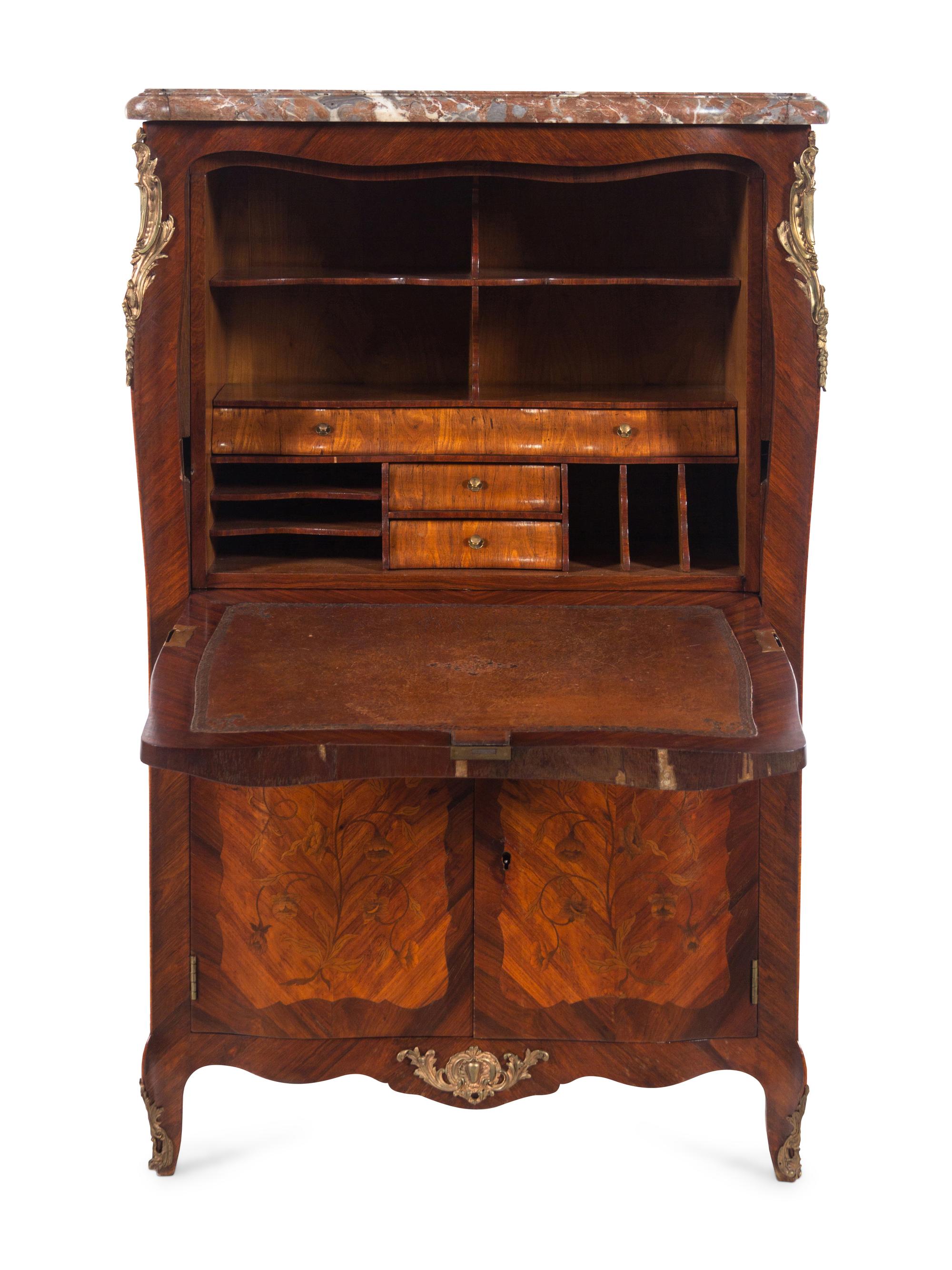 A Louis XV Style Gilt Bronze Mounted Marquetry Marble-Top Secrétaire à Abattant in the Manner of Jean-Pierre Latz