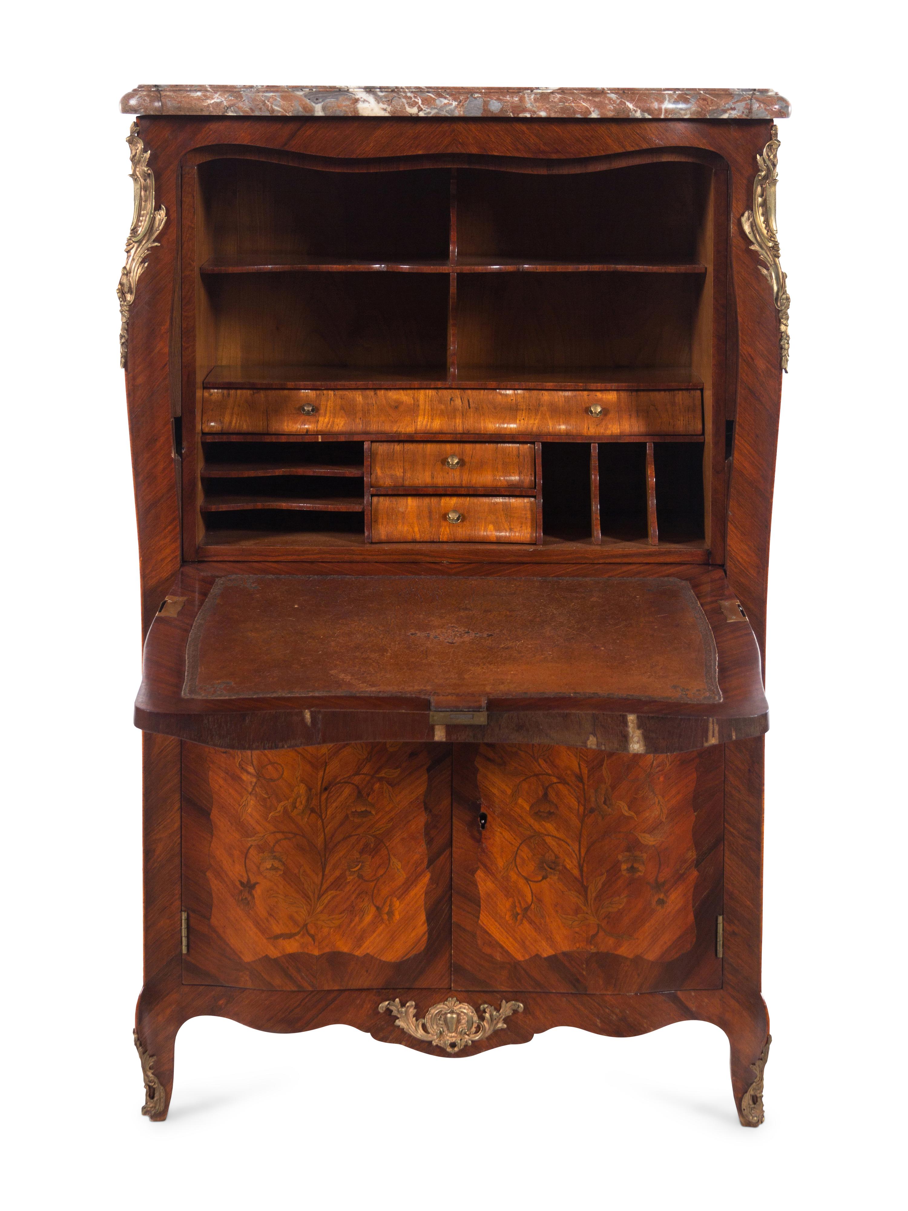 A Louis XV Style Gilt Bronze Mounted Marquetry Marble-Top Secrétaire à Abattant in the Manner of Jean-Pierre Latz