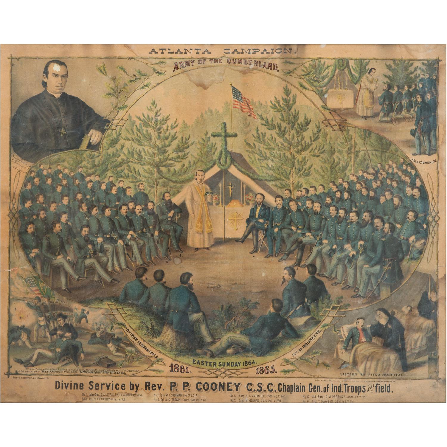 Scarce Civil War Chromolithograph Atlanta Campaign, Army of the Cumberland, Divine Service by Rev. P.P. Cooney