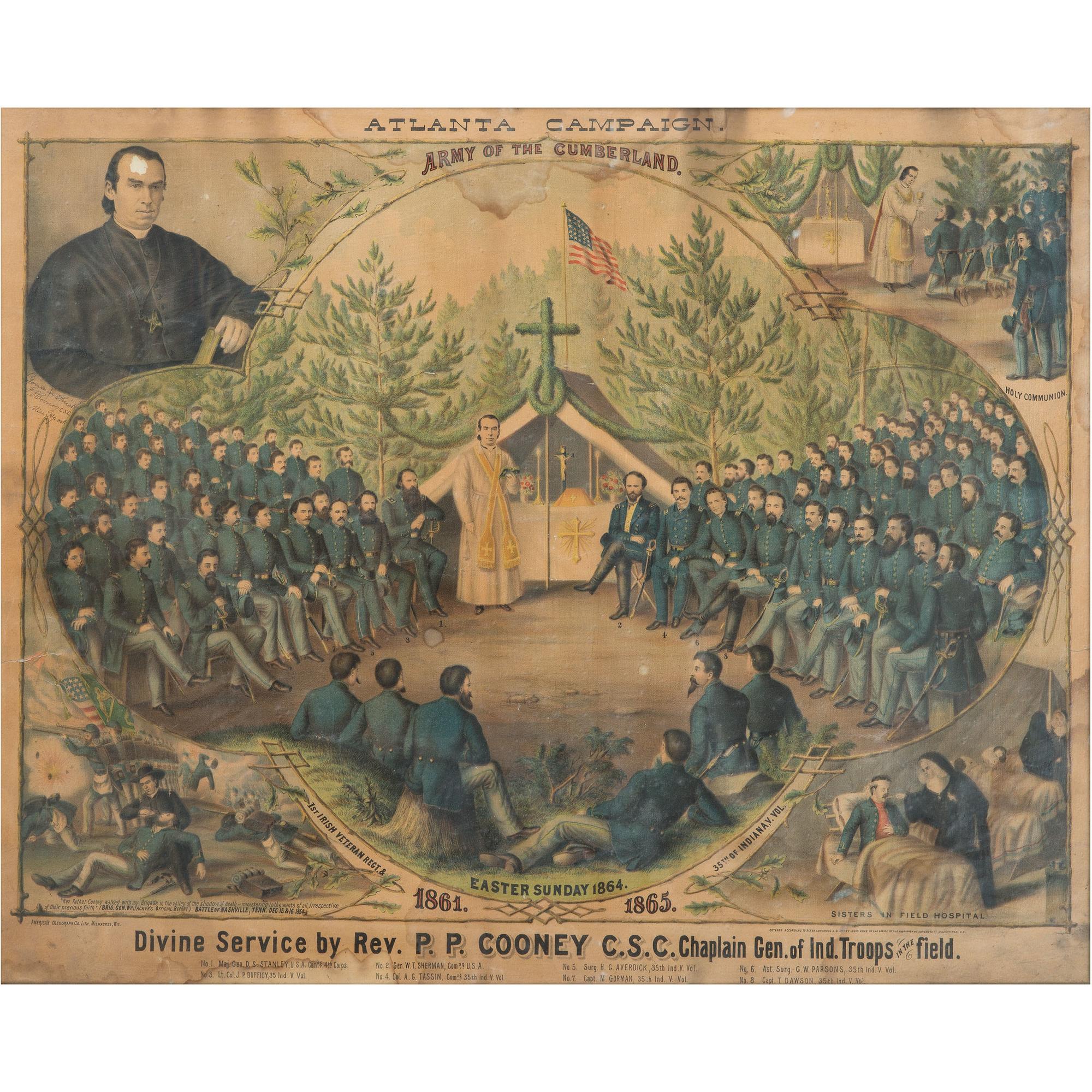 Scarce Civil War Chromolithograph Atlanta Campaign, Army of the Cumberland, Divine Service by Rev. P.P. Cooney