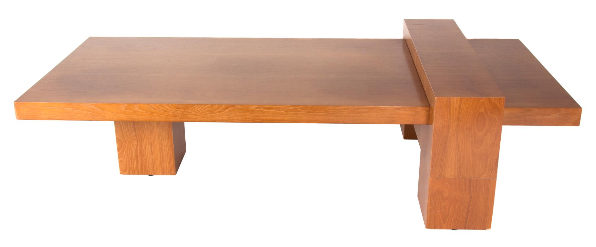 A Contemporary Wood Coffee Table Height 16 1/2 x width 72 x depth 30 inches.