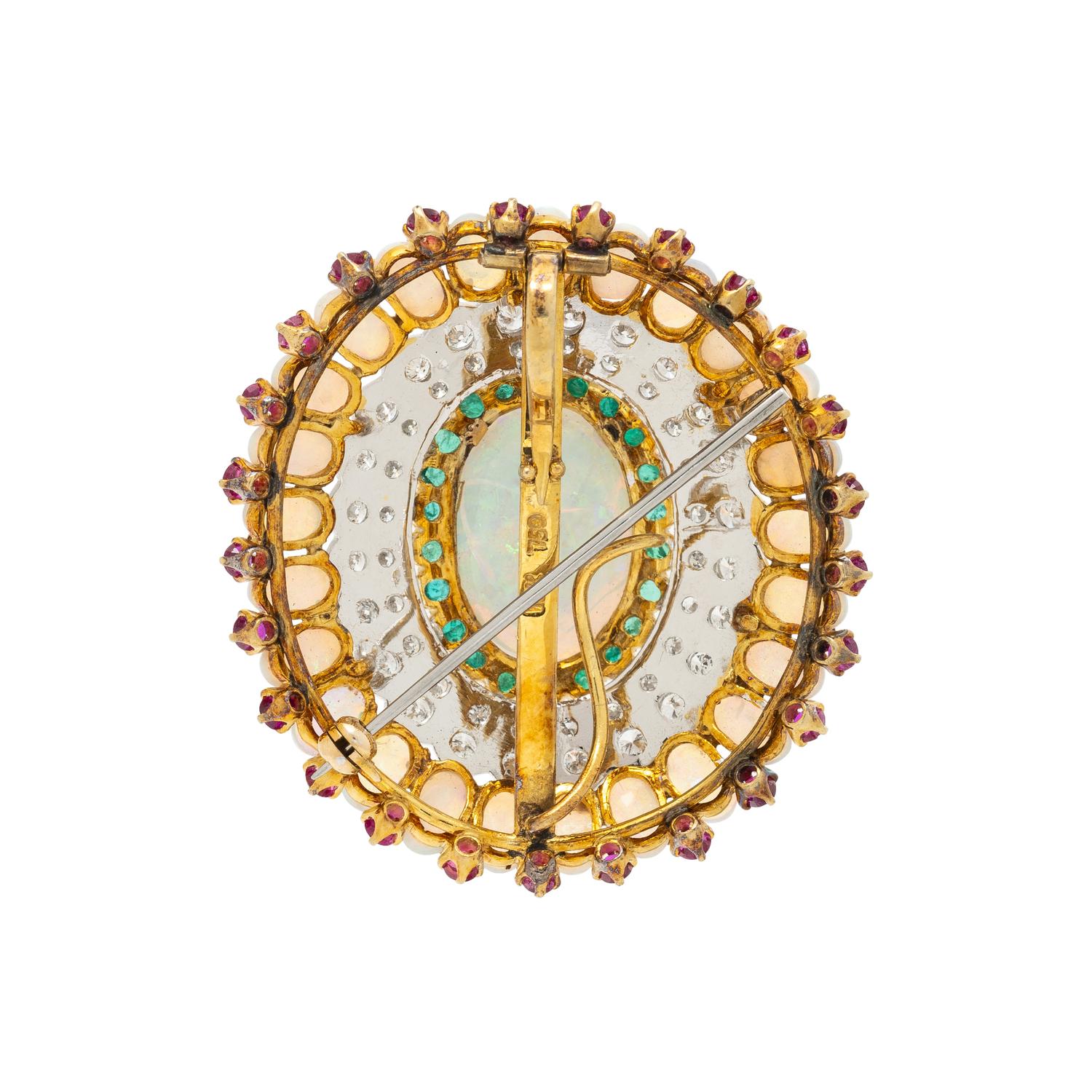 OPAL, EMERALD, DIAMOND, RUBY, AND GOLD PENDANT BROOCH