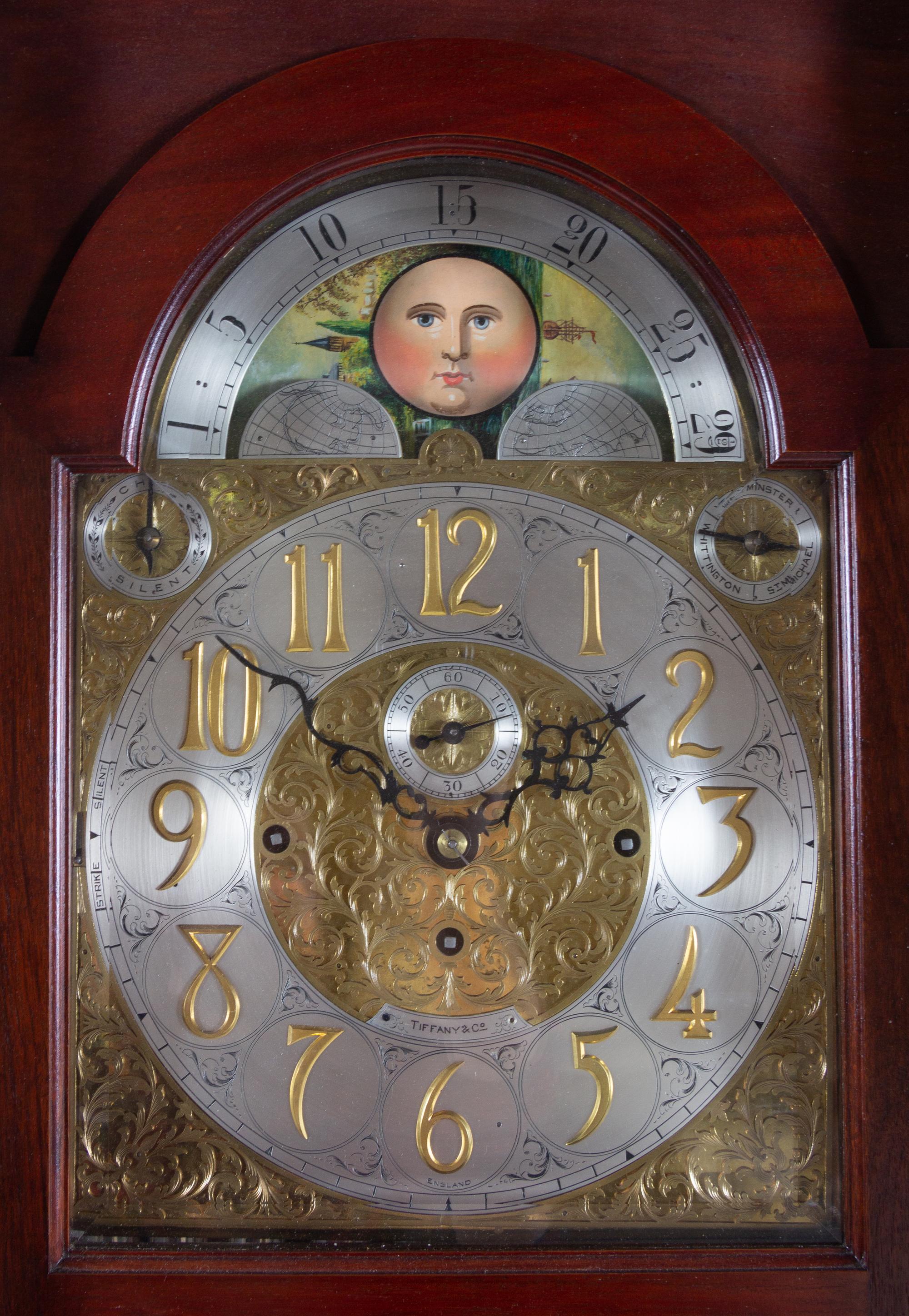 A Classical Style Mahogany Tall Case Clock Retailed by Tiffany & Co.