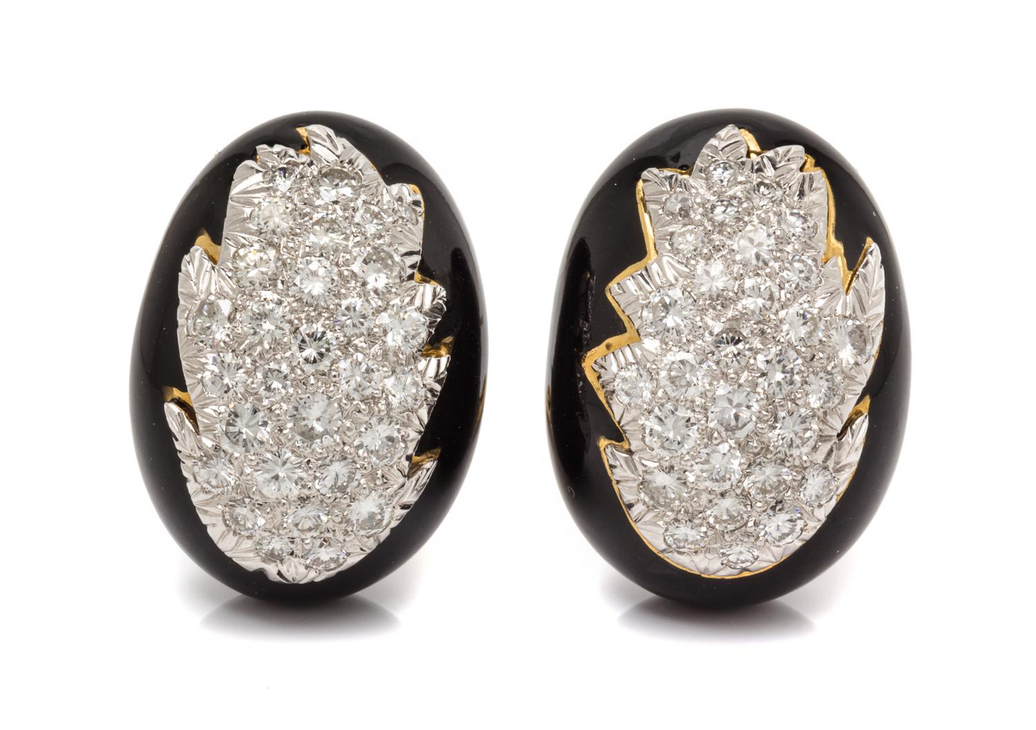 A Pair of 18 Karat Yellow Gold, Platinum, Diamond and Enamel Earclips, David Webb, 18.50 dwts.