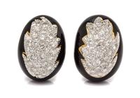 A Pair of 18 Karat Yellow Gold, Platinum, Diamond and Enamel Earclips, David Webb, 18.50 dwts.