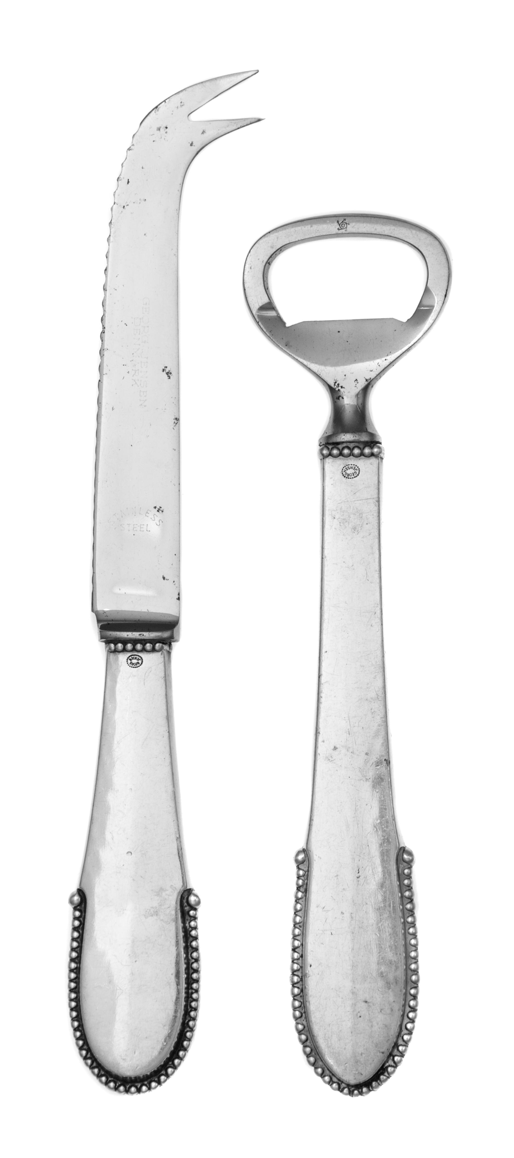 A Danish Silver Bar Set, Georg Jensen Silversmithy, Copenhagen, in the Beaded pattern, comprising a bottle opener and bar knife.