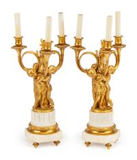 A Pair of Louis XVI Style Gilt Bronze and Marble Three-Light Candelabra