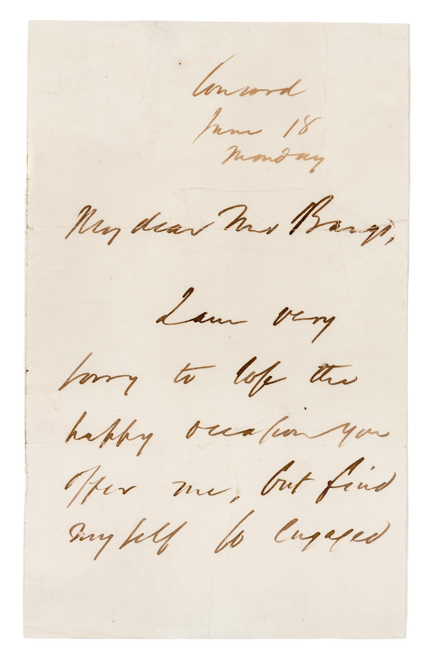 EMERSON, Ralph Waldo (1803-1882). Autograph letter signed ("R.W. Emerson"), to Mr. Edward Bangs. Concord, 18 June (no year).