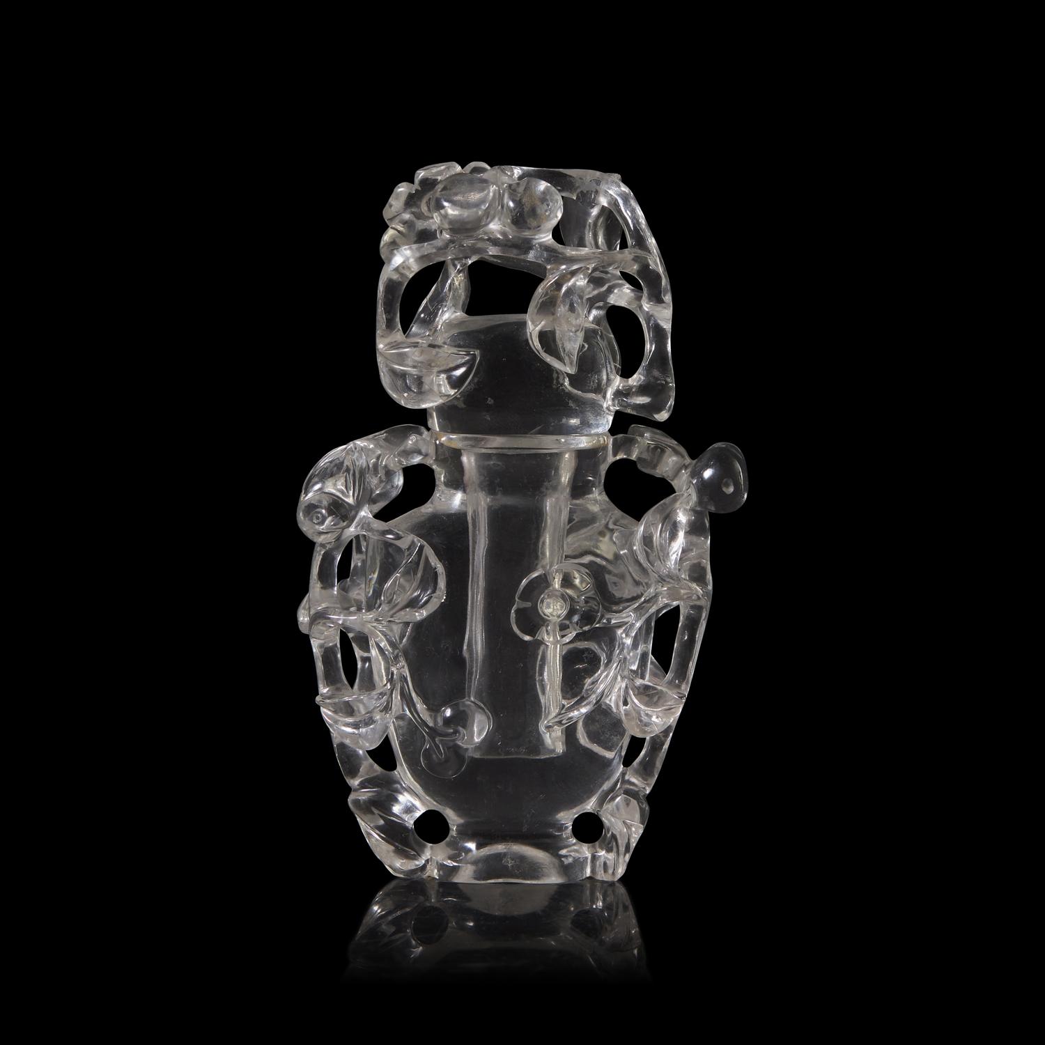 A Small Chinese Carved Rock Crystal 'Prunus and Bird' Covered Vase 雕水晶喜上眉梢小蓋瓶