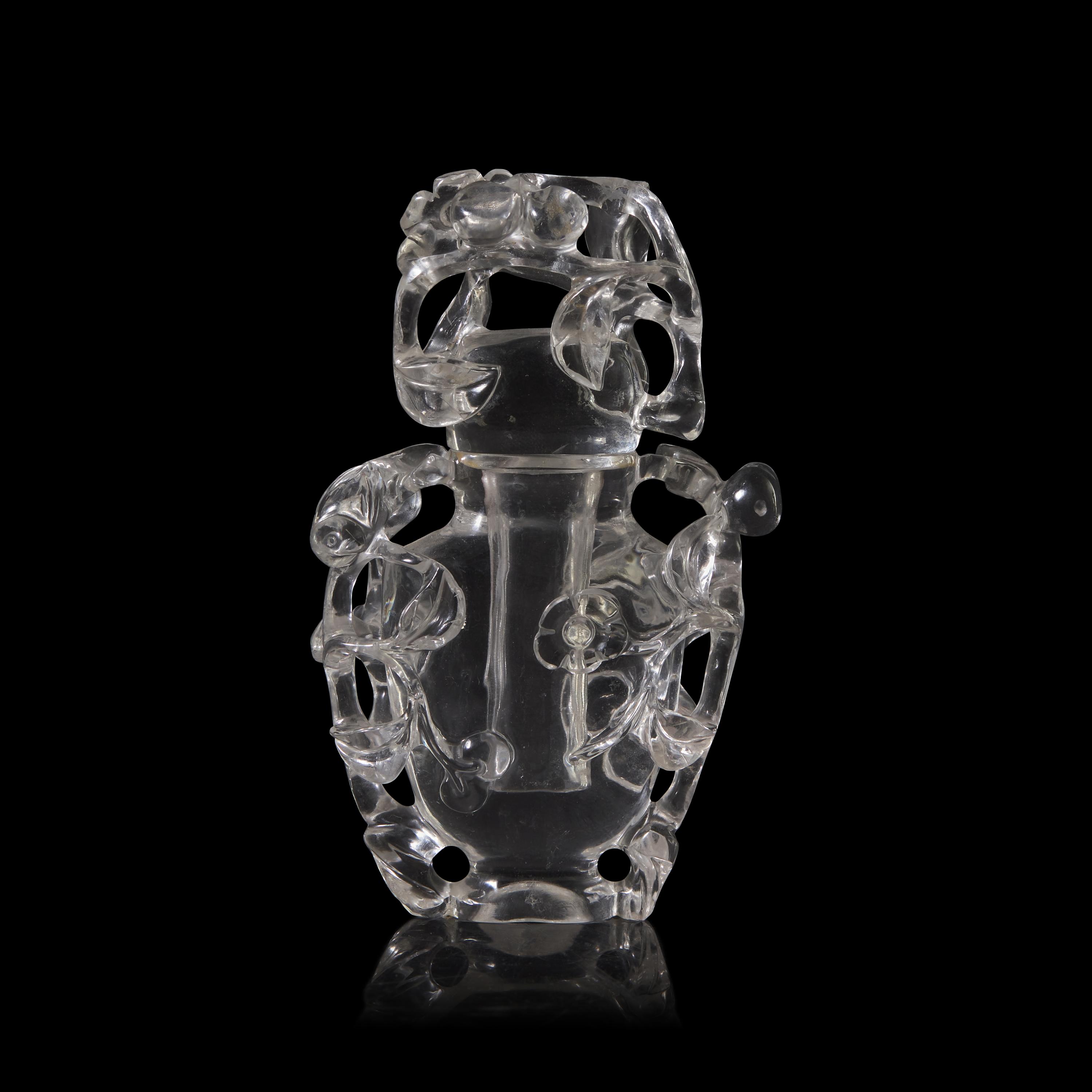 A Small Chinese Carved Rock Crystal 'Prunus and Bird' Covered Vase 雕水晶喜上眉梢小蓋瓶