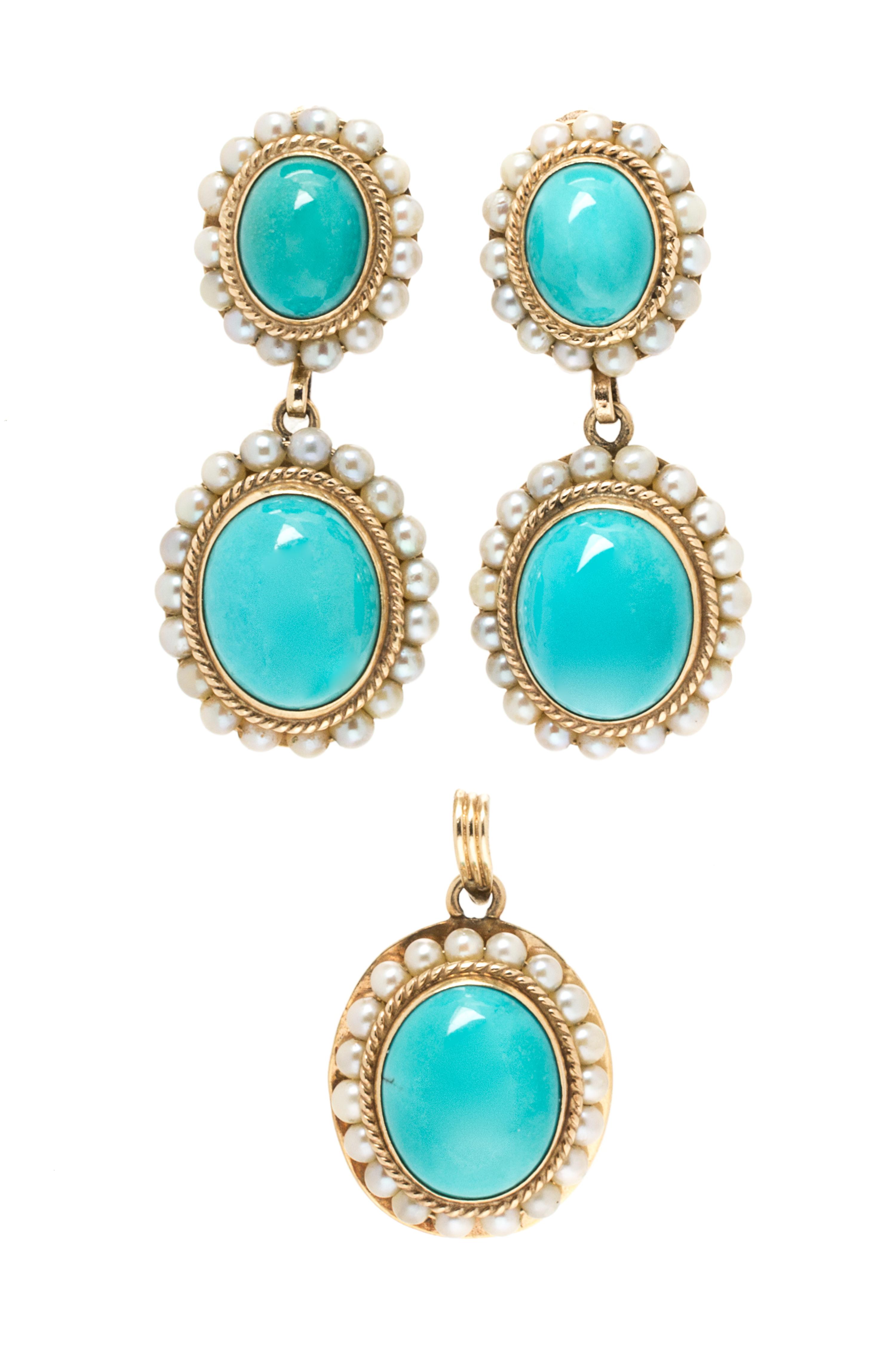 A 14 Karat Yellow Gold, Turquoise and Cultured Pearl Demi Parure, 7.70 dwts.