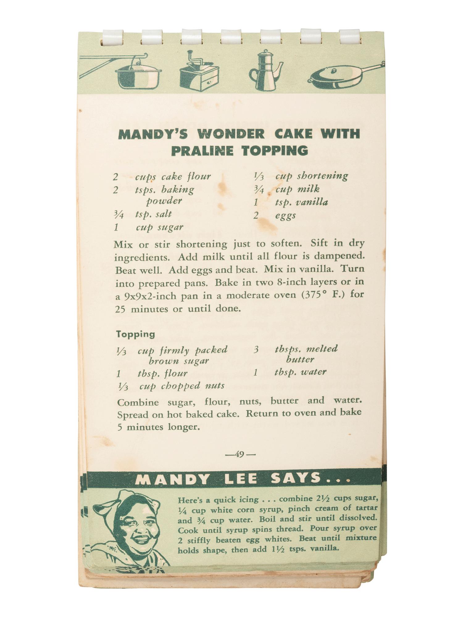 [AFRICAN AMERICANA - COOKBOOKS]. PREVOST, Ruth (1917-1954). Mandy Lee's Recipes for Good New Orleans Dishes . [Louisiana]: N.p., ca 1950-1954.