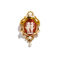 ANTIQUE, CHERUB CAMEO, YELLOW GOLD, AND CULTURED PEARL PENDANT BROOCH