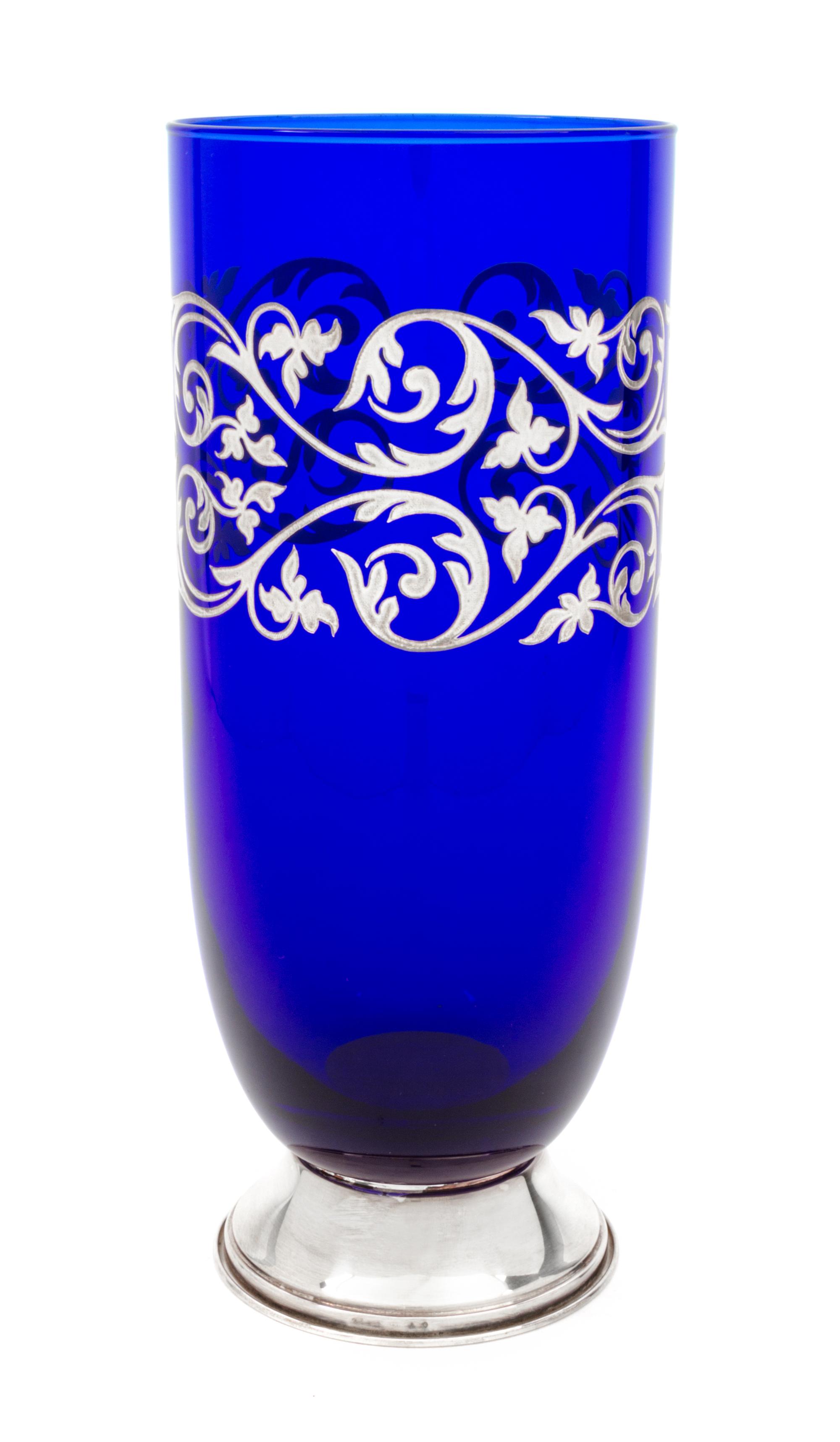 A Silver Overlay Glass Vase Height 11 inches.