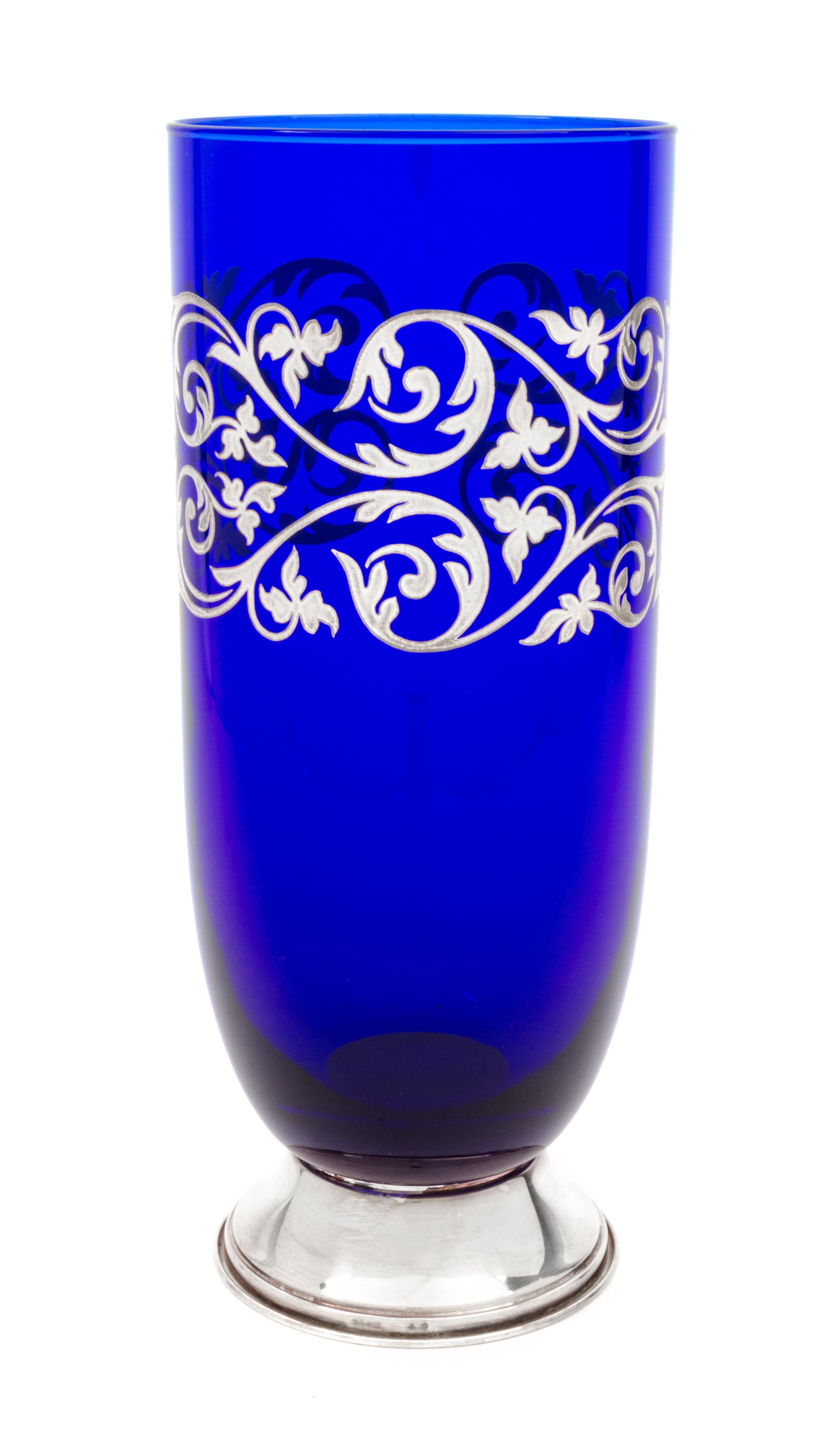A Silver Overlay Glass Vase Height 11 inches.
