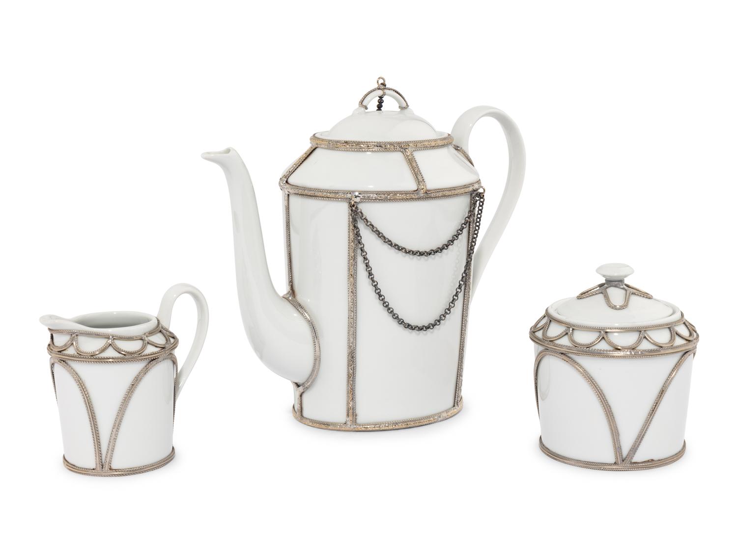 A Martine Goron Limoges Porcelain Three-Piece Tea Service