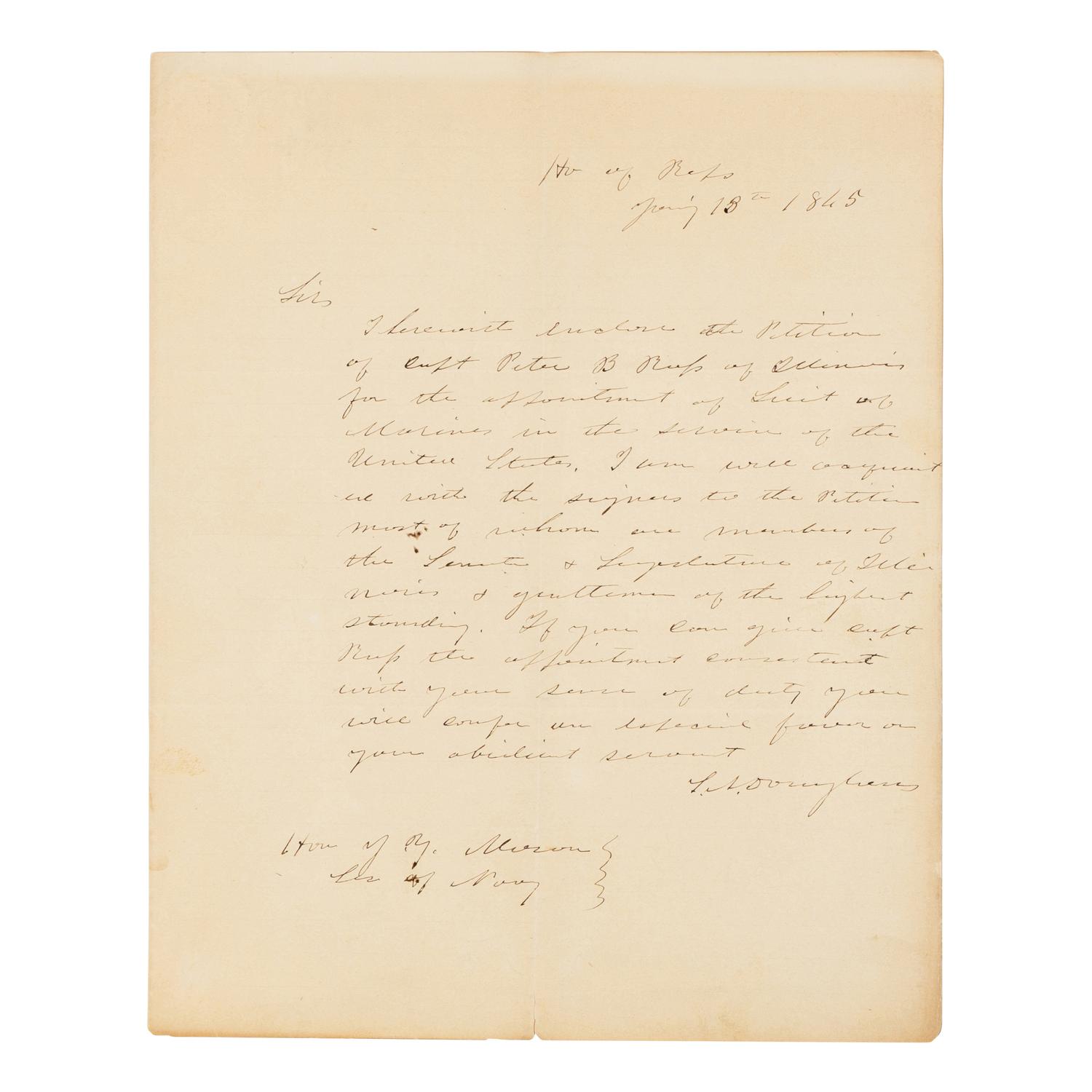 DOUGLAS, Stephen Arnold (1813-1861). A group of 14 documents and letters relating to Douglas's legal and political career, ca 1834-1857, comprising:
