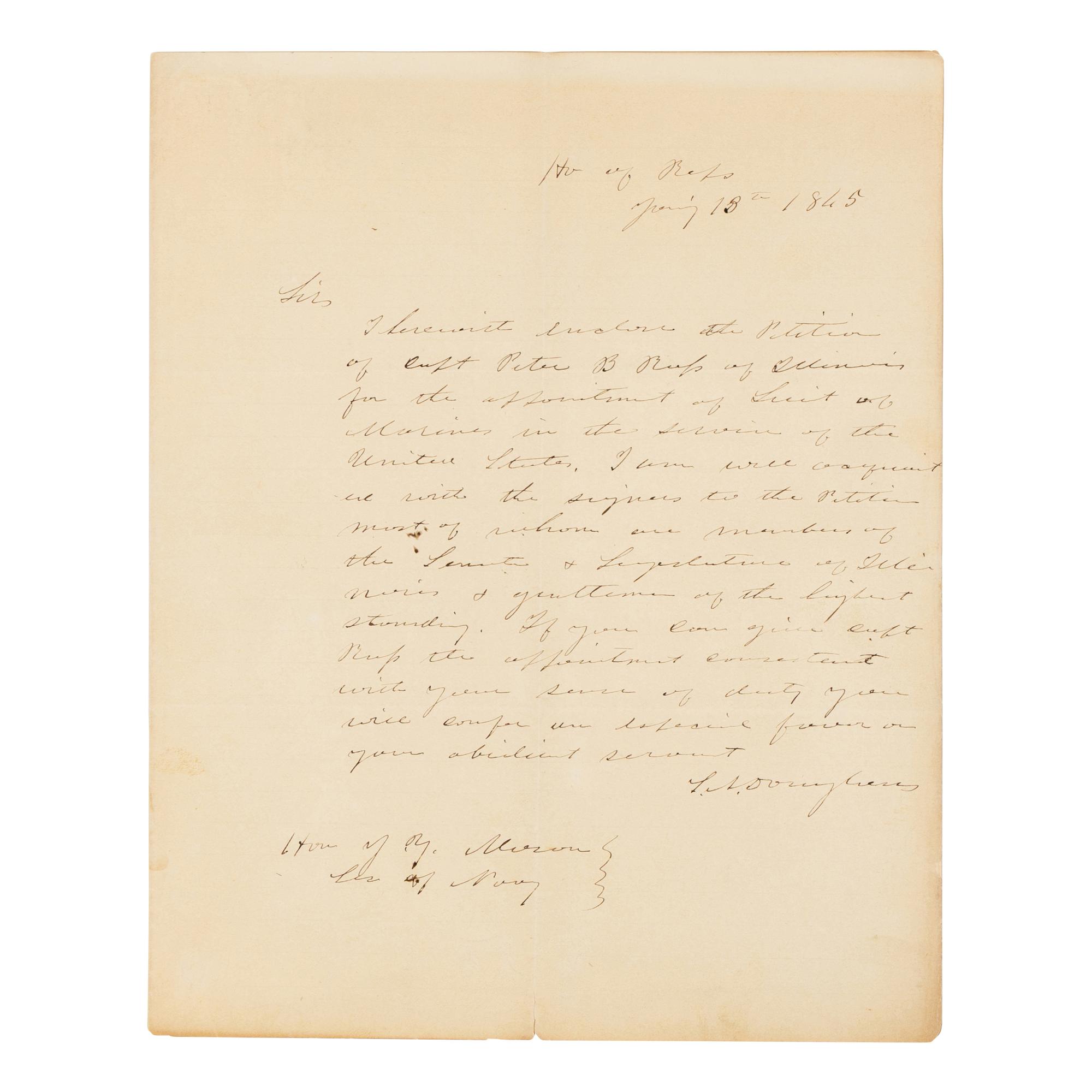 DOUGLAS, Stephen Arnold (1813-1861). A group of 14 documents and letters relating to Douglas's legal and political career, ca 1834-1857, comprising: