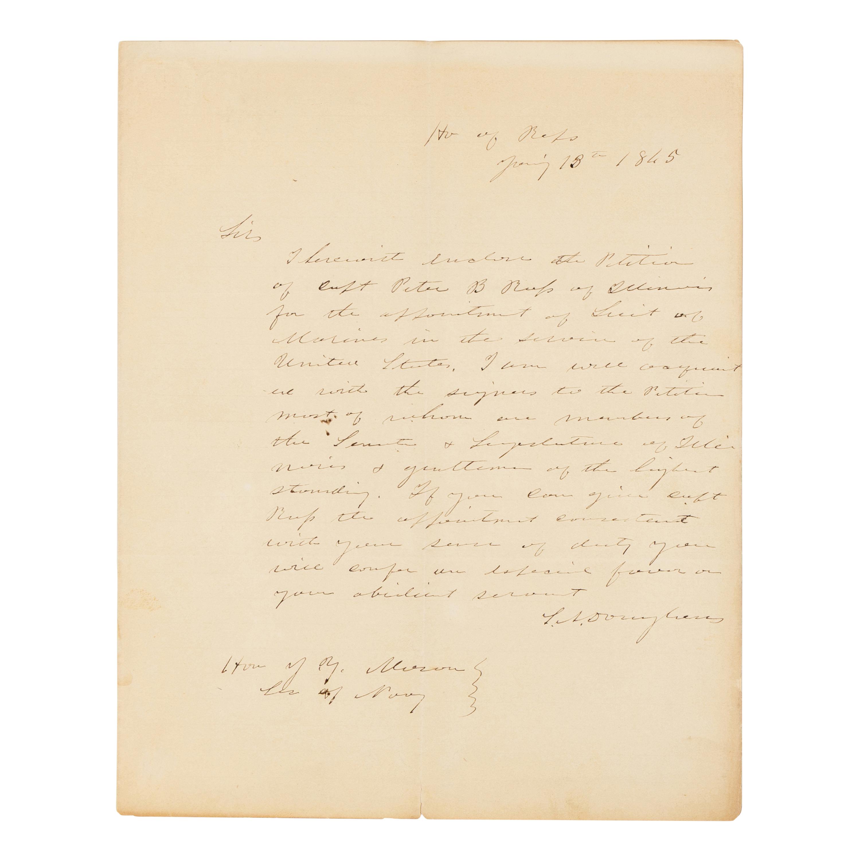 DOUGLAS, Stephen Arnold (1813-1861). A group of 14 documents and letters relating to Douglas's legal and political career, ca 1834-1857, comprising:
