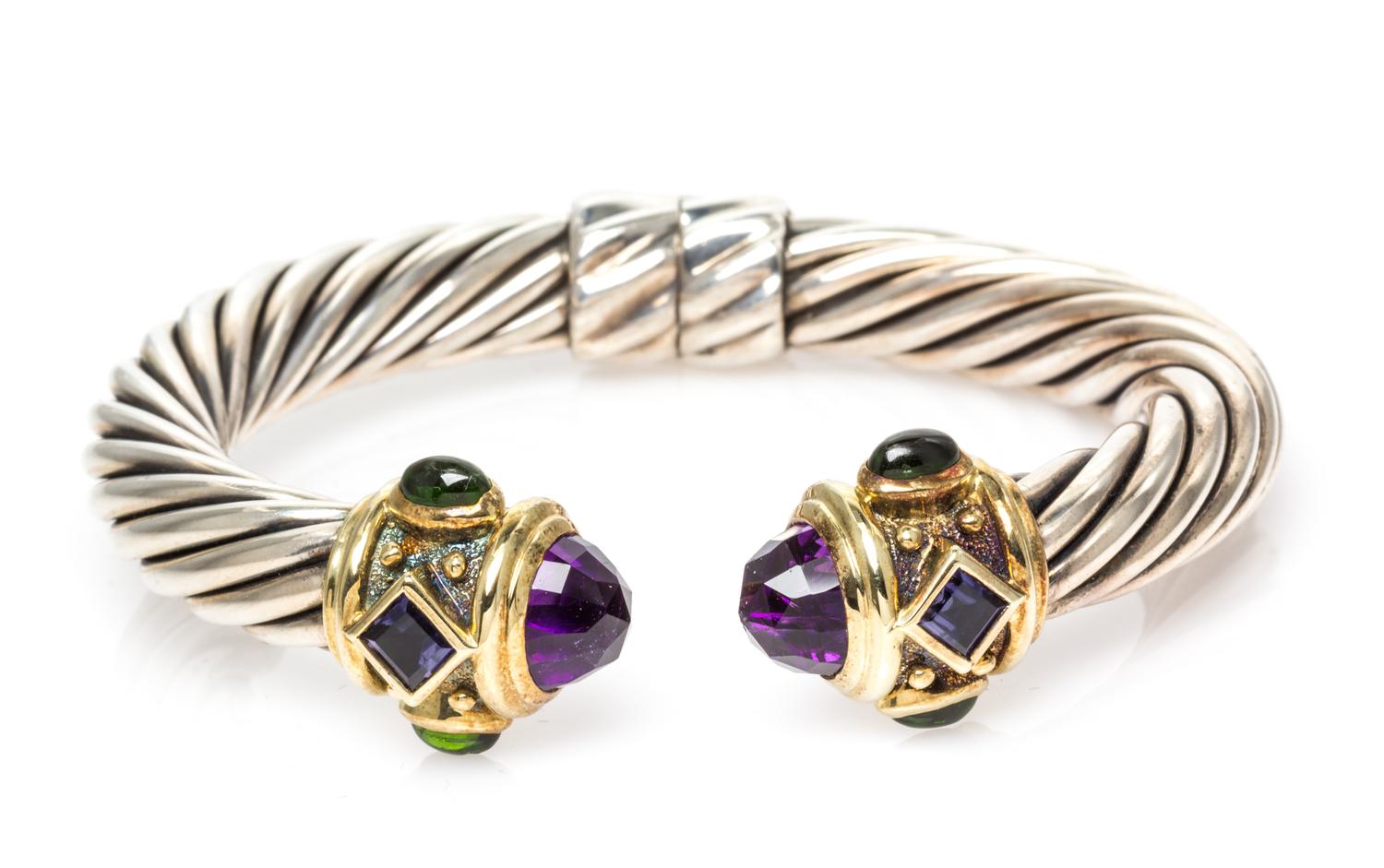 A Sterling Silver, 14 Karat Yellow Gold, Amethyst, Iolite and Green Tourmaline 'Renaissance' Bracelet, David Yurman, 32.40 dwts.