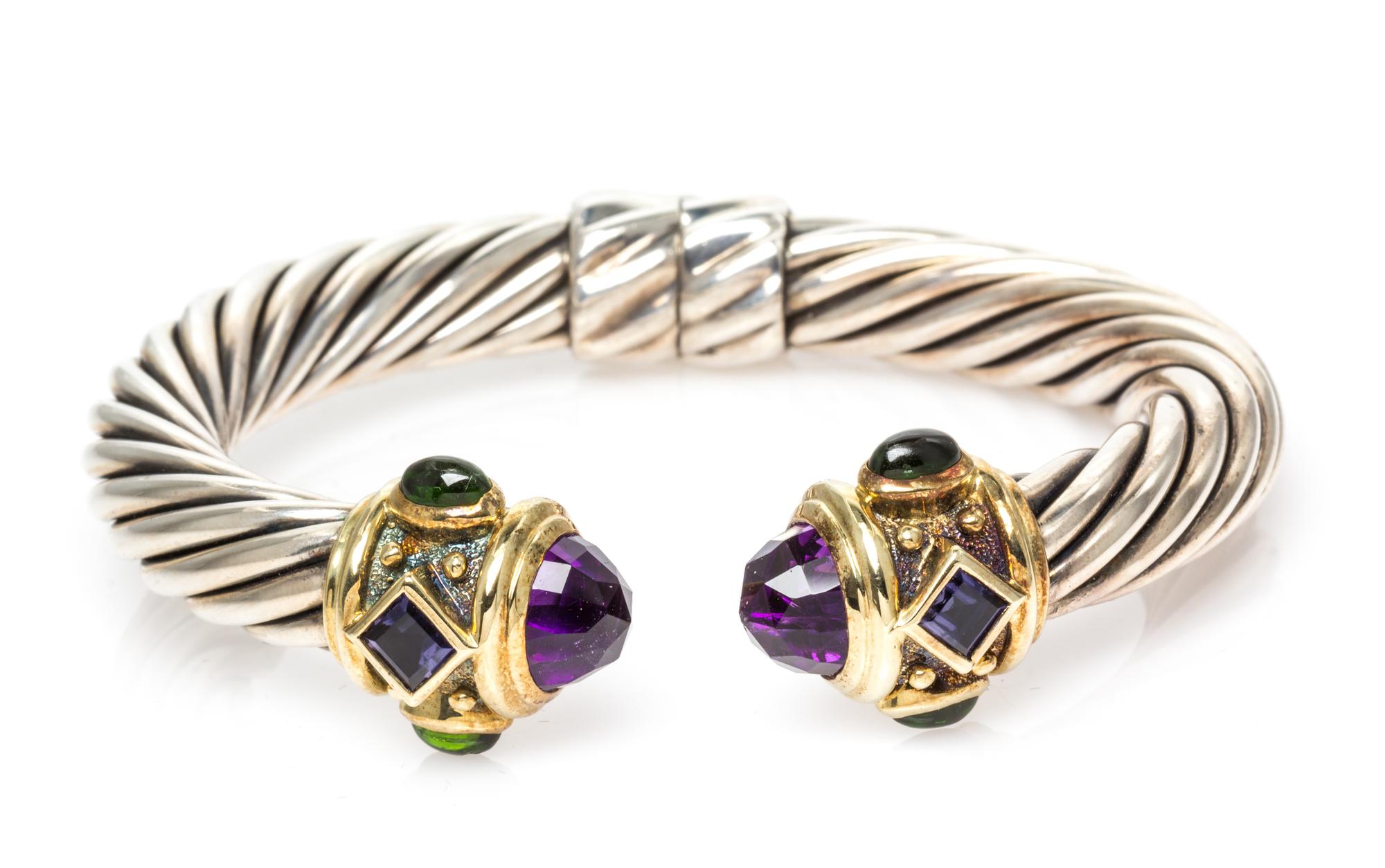A Sterling Silver, 14 Karat Yellow Gold, Amethyst, Iolite and Green Tourmaline 'Renaissance' Bracelet, David Yurman, 32.40 dwts.