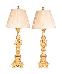 A Pair of Italian Giltwood Prickets Mounted as Lamps