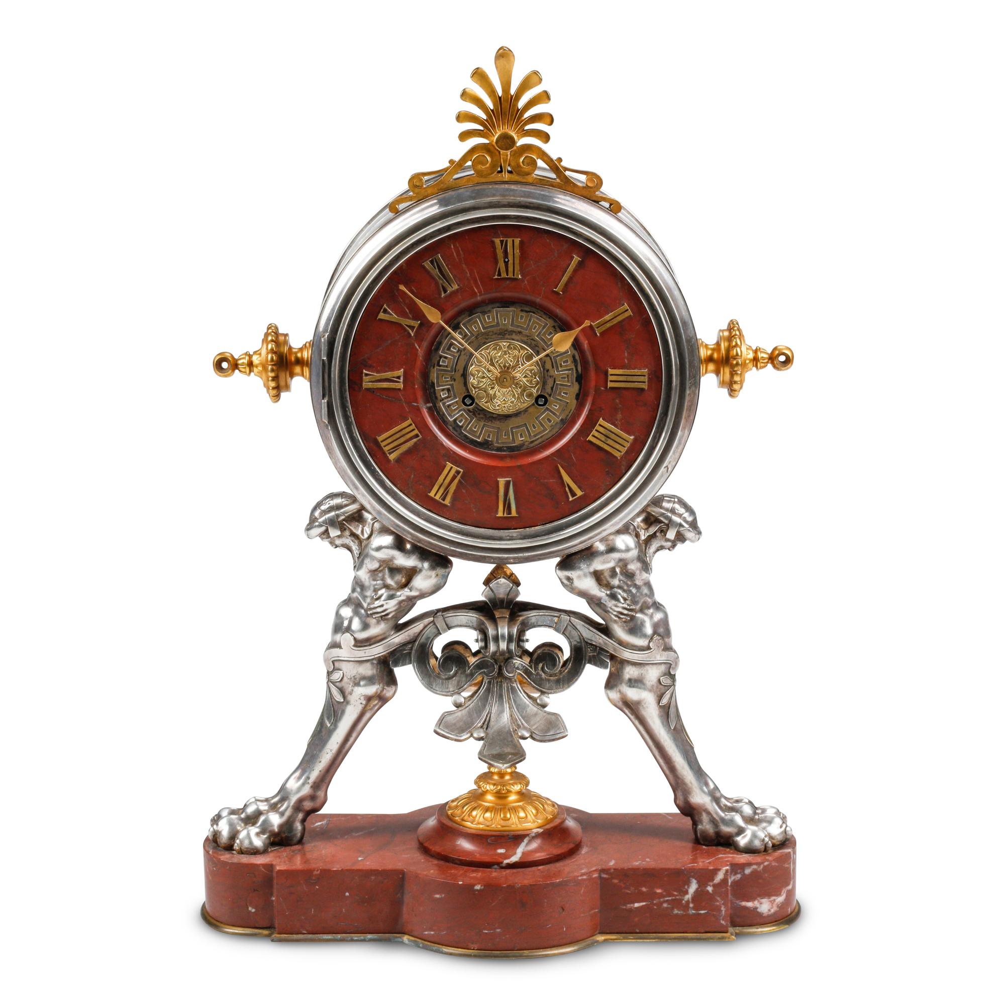 A French Neoclassical Silvered and Gilt Bronze and Red Marble Clock