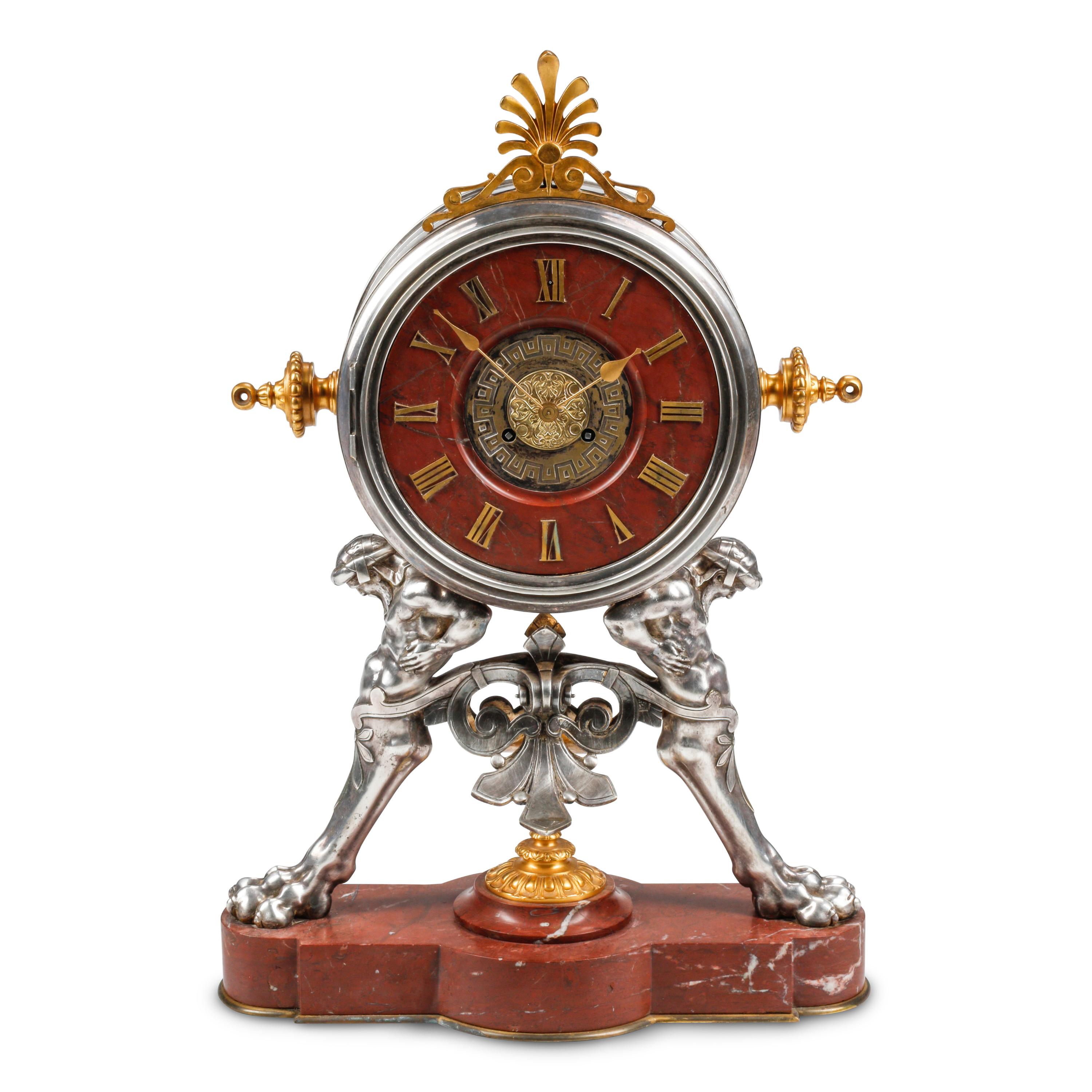A French Neoclassical Silvered and Gilt Bronze and Red Marble Clock
