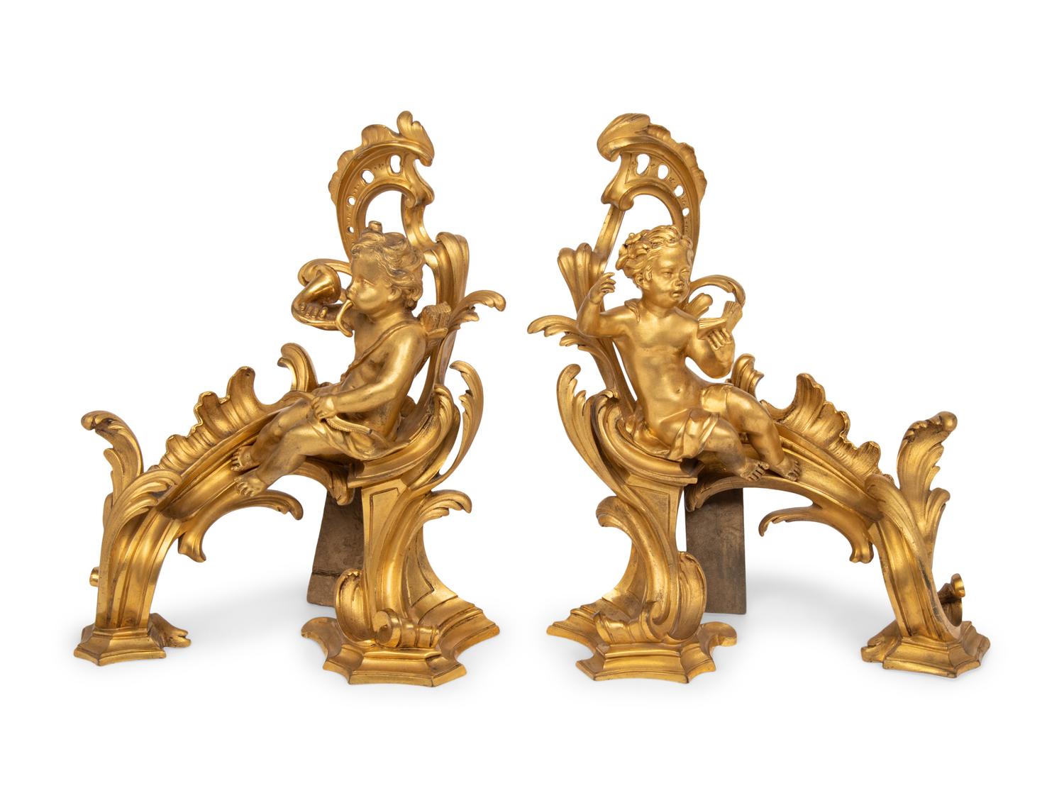 A Pair of Louis XV Style Gilt-Bronze Chenets
